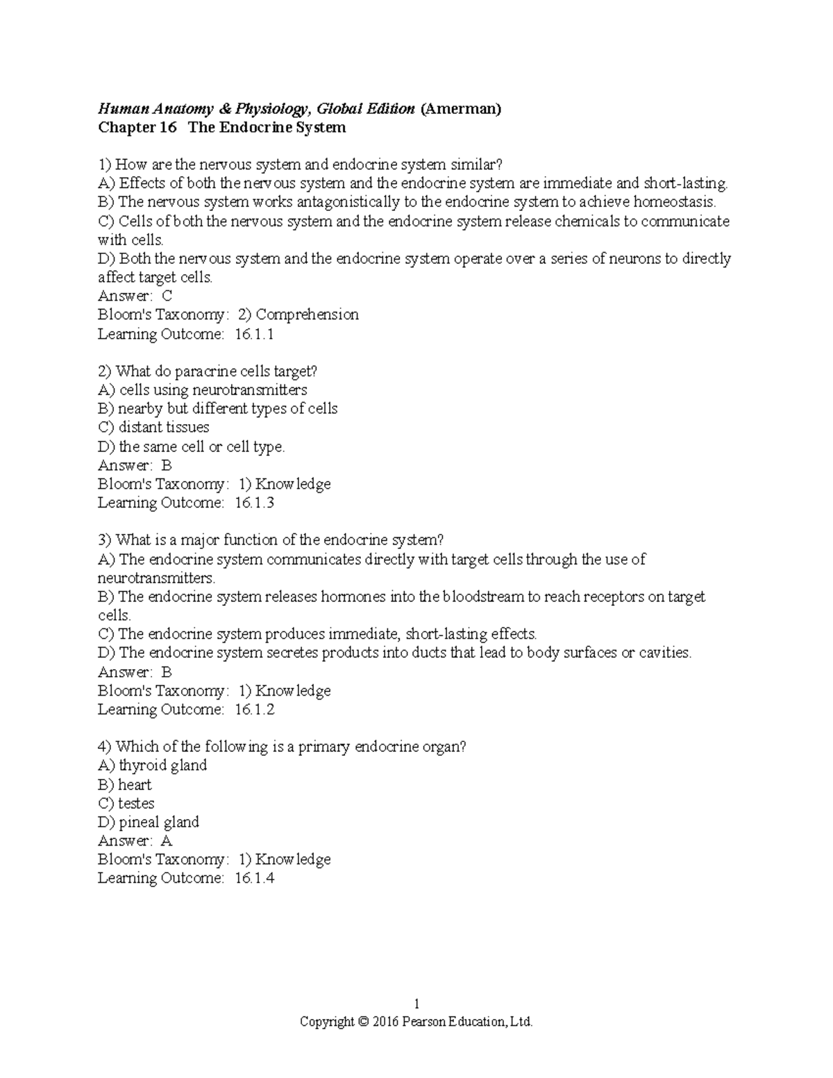 Chapter 16 Test Bank Amerman Textbook - Human Anatomy & Physiology ...