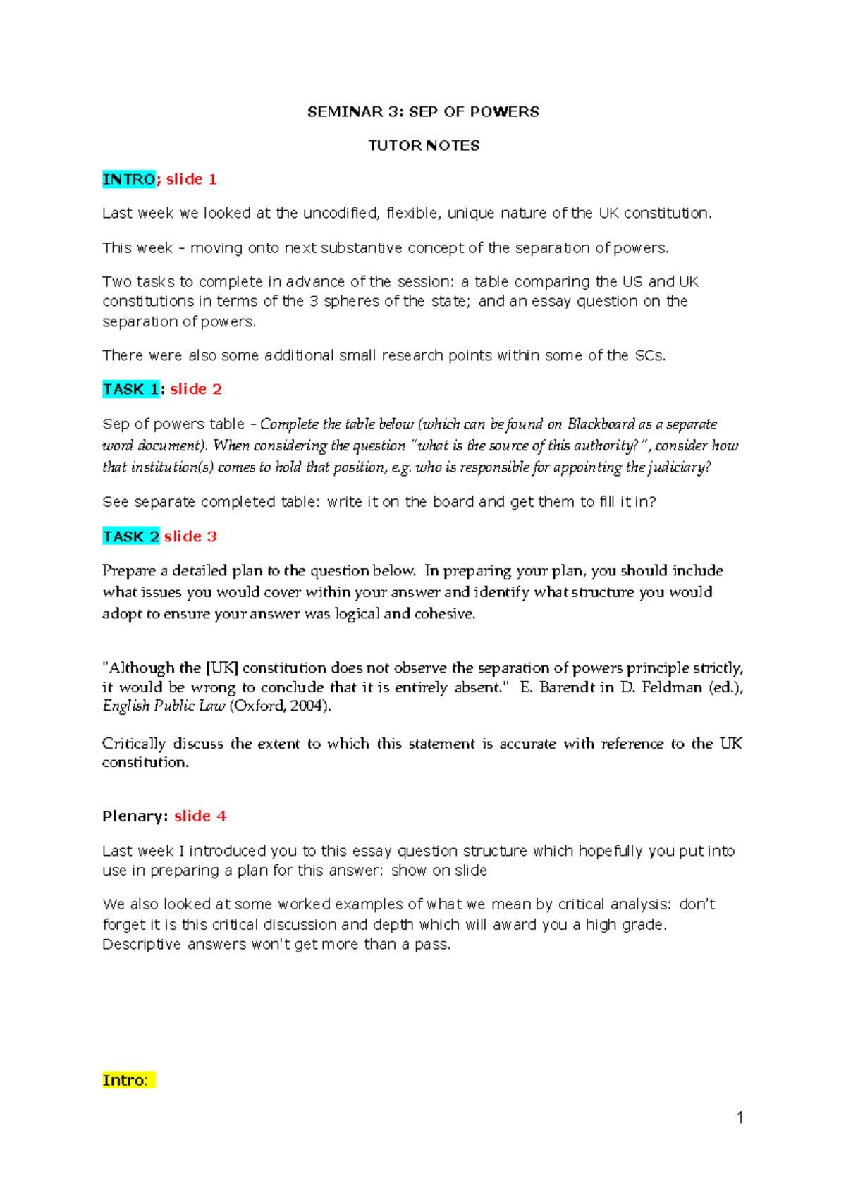 Seminar 3 notes - constitutional law - SEMINAR 3: SEP OF POWERS TUTOR ...