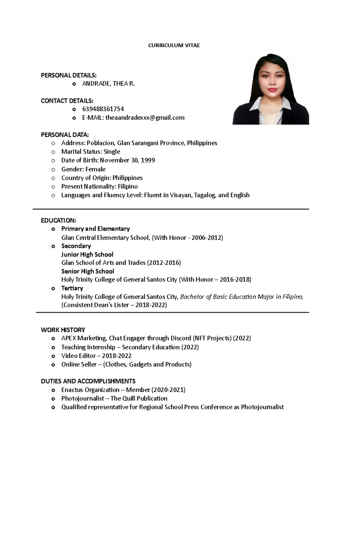 Curriculum- Vitae - CURRICULUM VITAE PERSONAL DETAILS: o ANDRADE, THEA ...