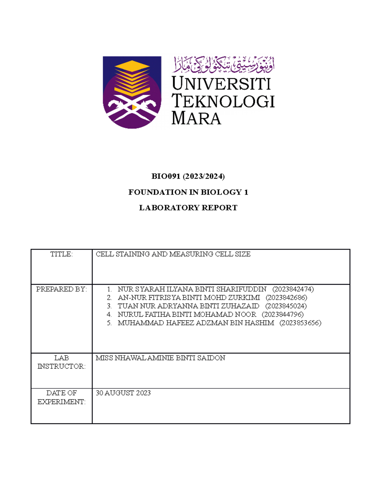 BIO091 LAB Report 2 - BIO091 (2023/2024) FOUNDATION IN BIOLOGY 1 ...