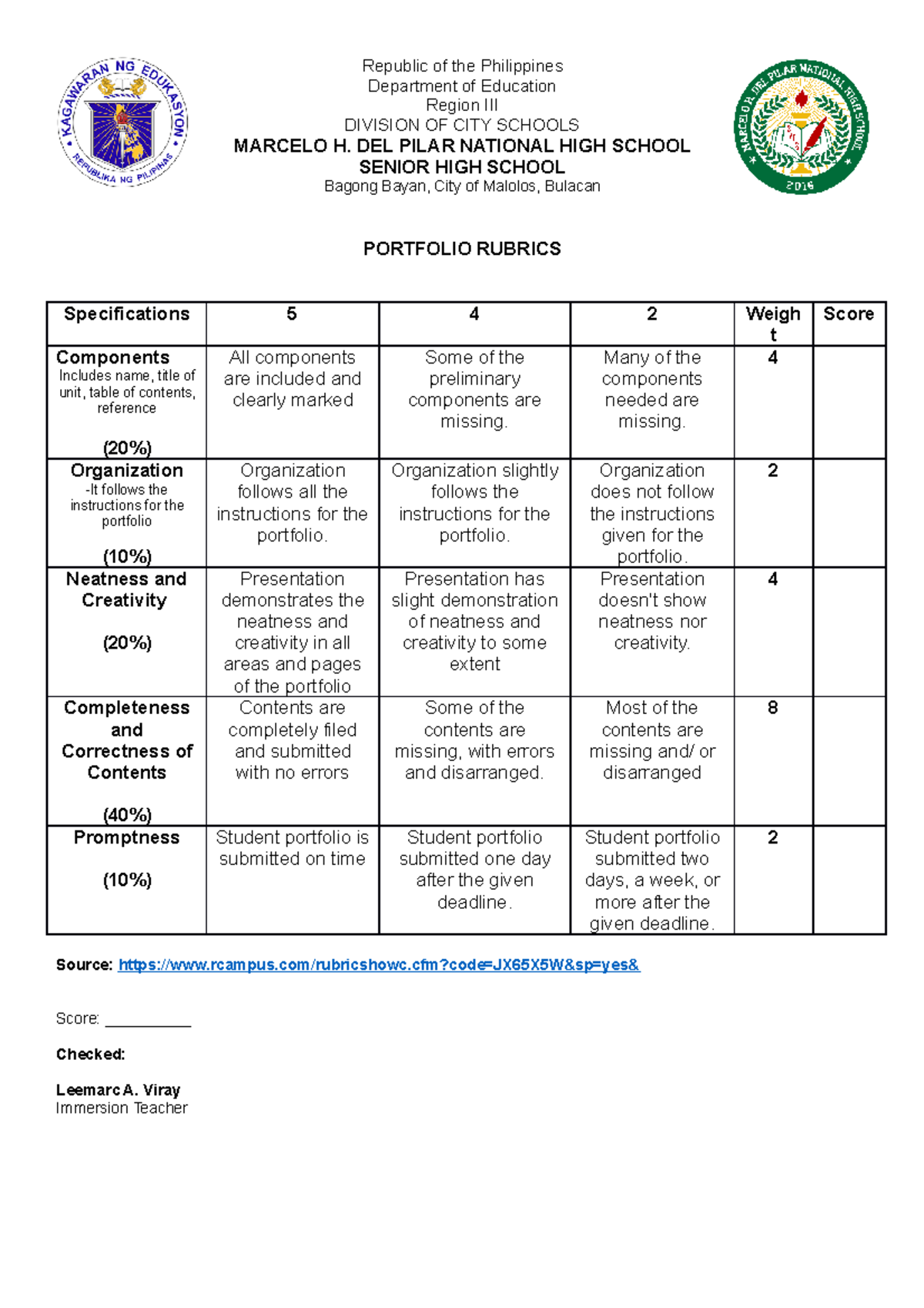 Rubrics Portfolio Materials Republic Of The Philippines Department Rubrics Portfolio Materials Republic Of The Philippines Department