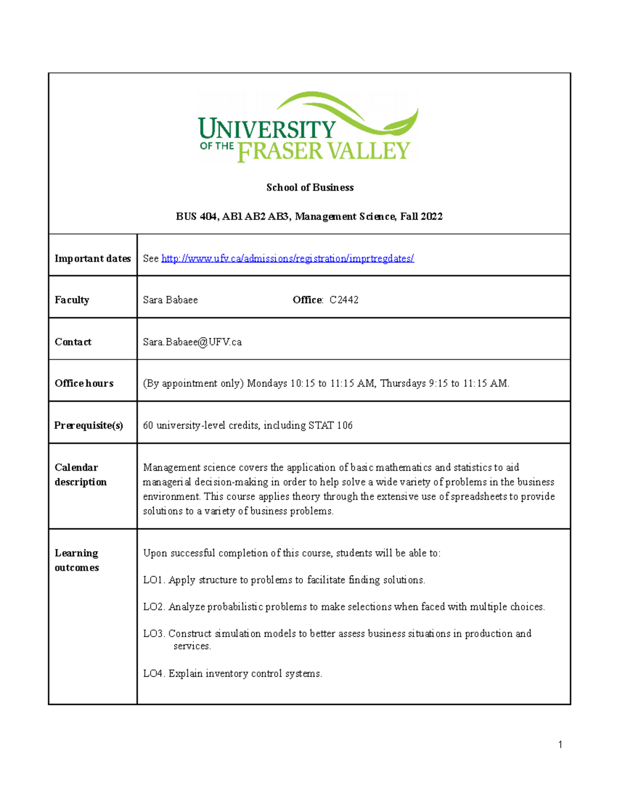 Bus404 Syllabus Course Outline Procedures School Of Business Bus