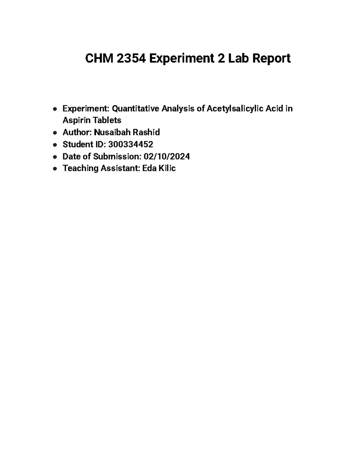 Lab CHM 2354 (2) - Experiment 2 Lab Report Grade C+ - CHM 2354 ...
