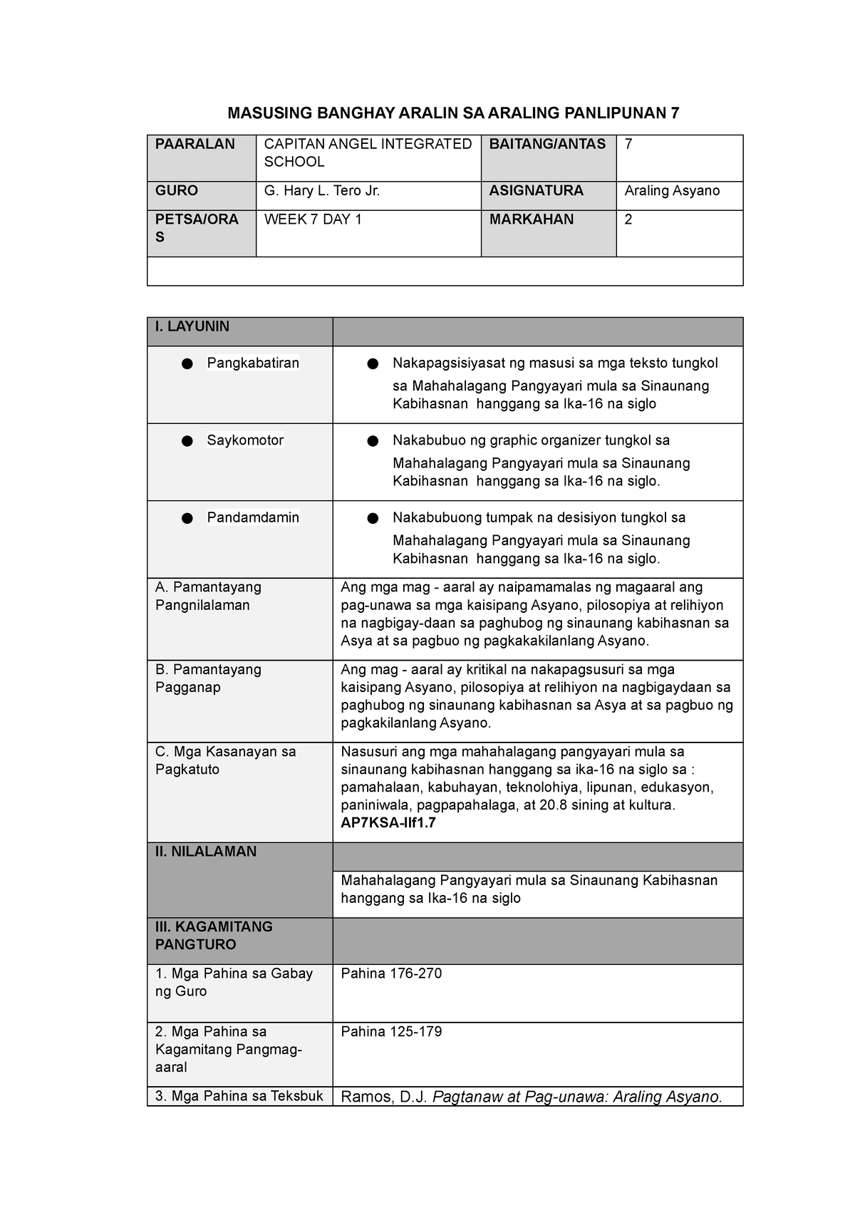WEEK 7 DAY 1 - AP 7 - MASUSING BANGHAY ARALIN SA ARALING PANLIPUNAN 7 ...