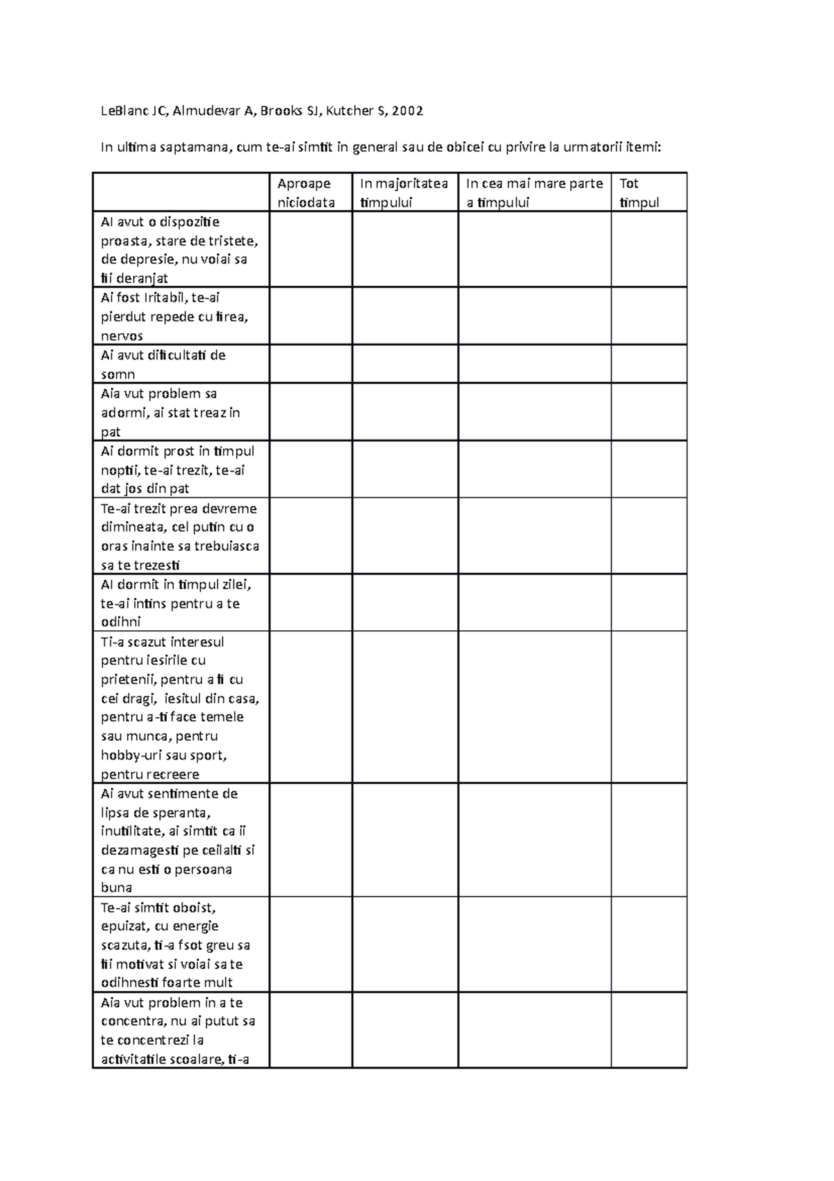 Kutcher Adolescent Depression Scale - LeBlanc JC, Almudevar A, Brooks ...