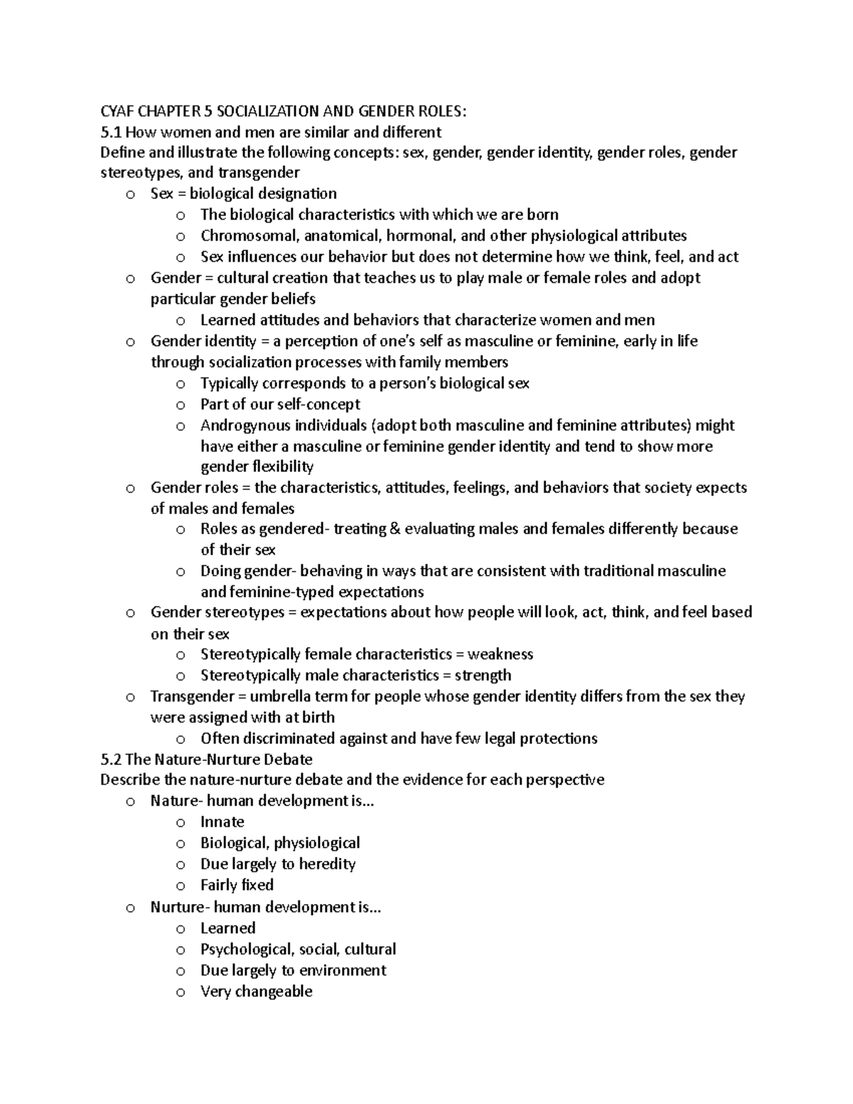 UNL CYAF 280 Chapter 5 Notes - CYAF CHAPTER 5 SOCIALIZATION AND GENDER ...