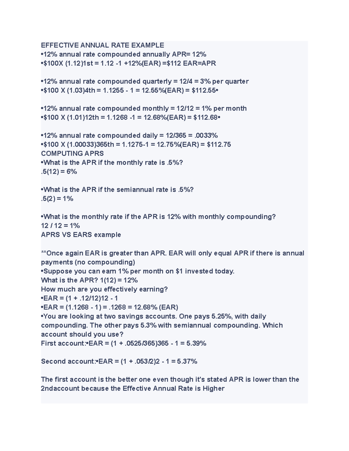 FIN300 - EXAM HELP! - EFFECTIVE ANNUAL RATE EXAMPLE •12% Annual Rate ...