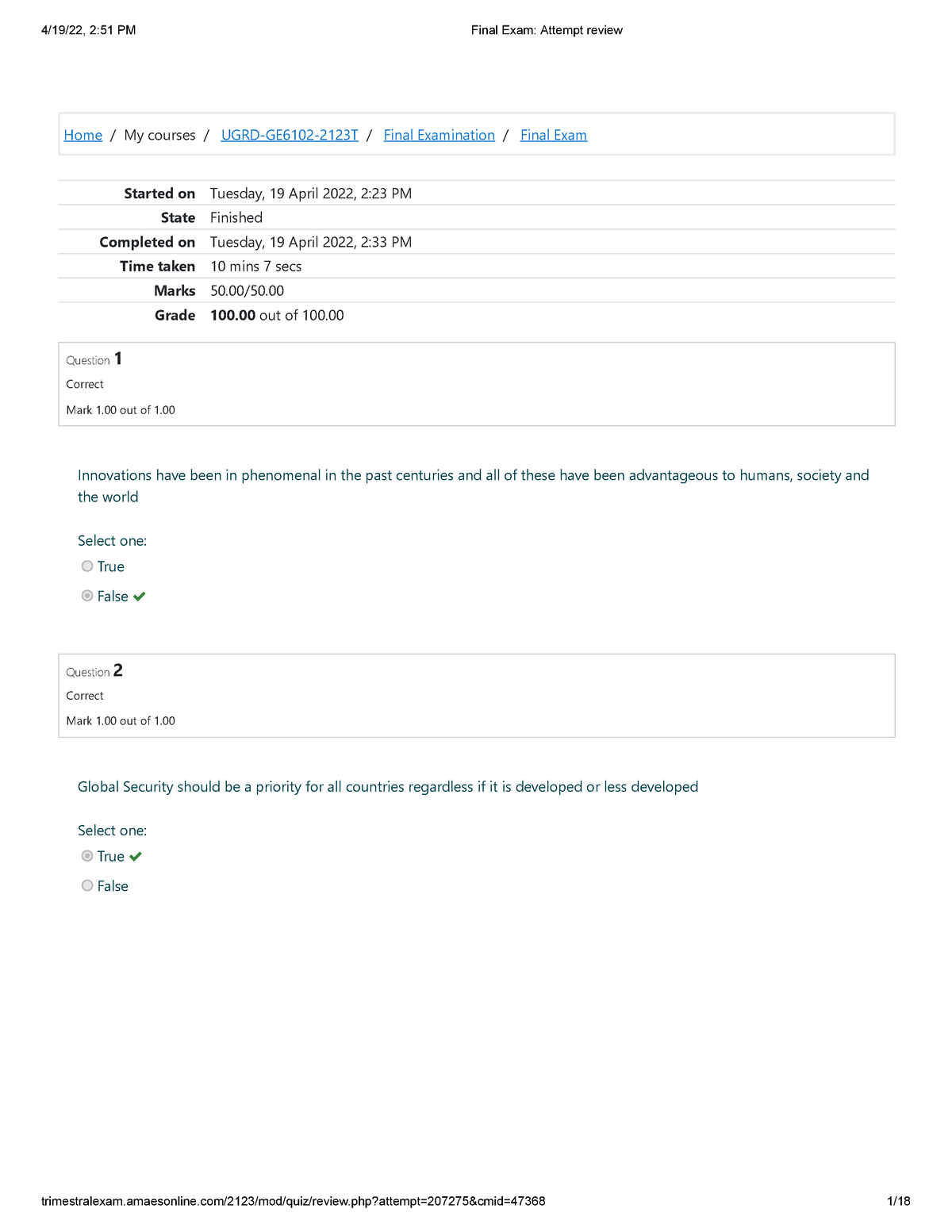 NSTP6101 Final Exam Attempt review - Home / My courses / UGRD