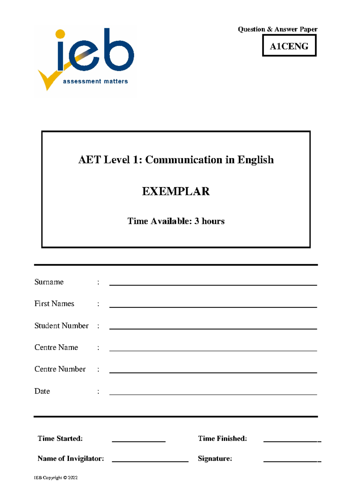 A1CENG Exemplar - Yeh - A1CENG Question & Answer Paper AET Level 1 ...