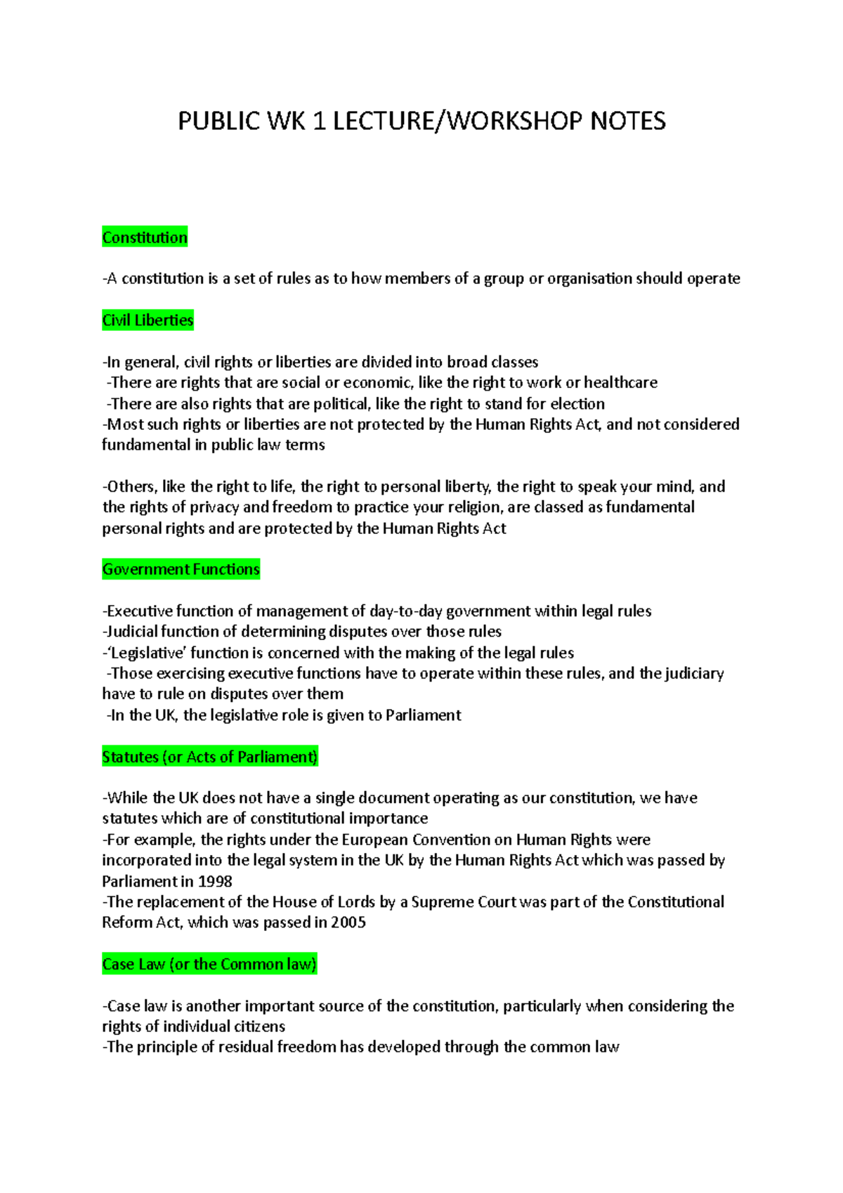 Public LAW WK 1 notes - PUBLIC WK 1 LECTURE/WORKSHOP NOTES Constitution ...