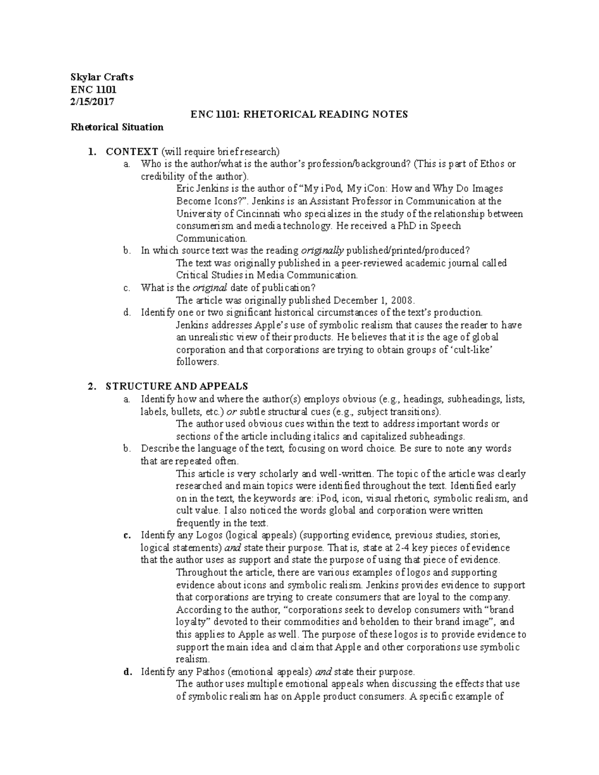 RRNs2 Sp 2017 - Rrn - Skylar Crafts ENC 1101 2/15/2017 ENC 1101 ...