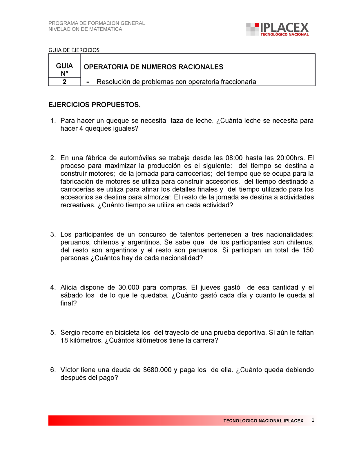 S1. U1. Ejercicios GUIA 2 - PROGRAMA DE FORMACION GENERAL NIVELACION DE ...