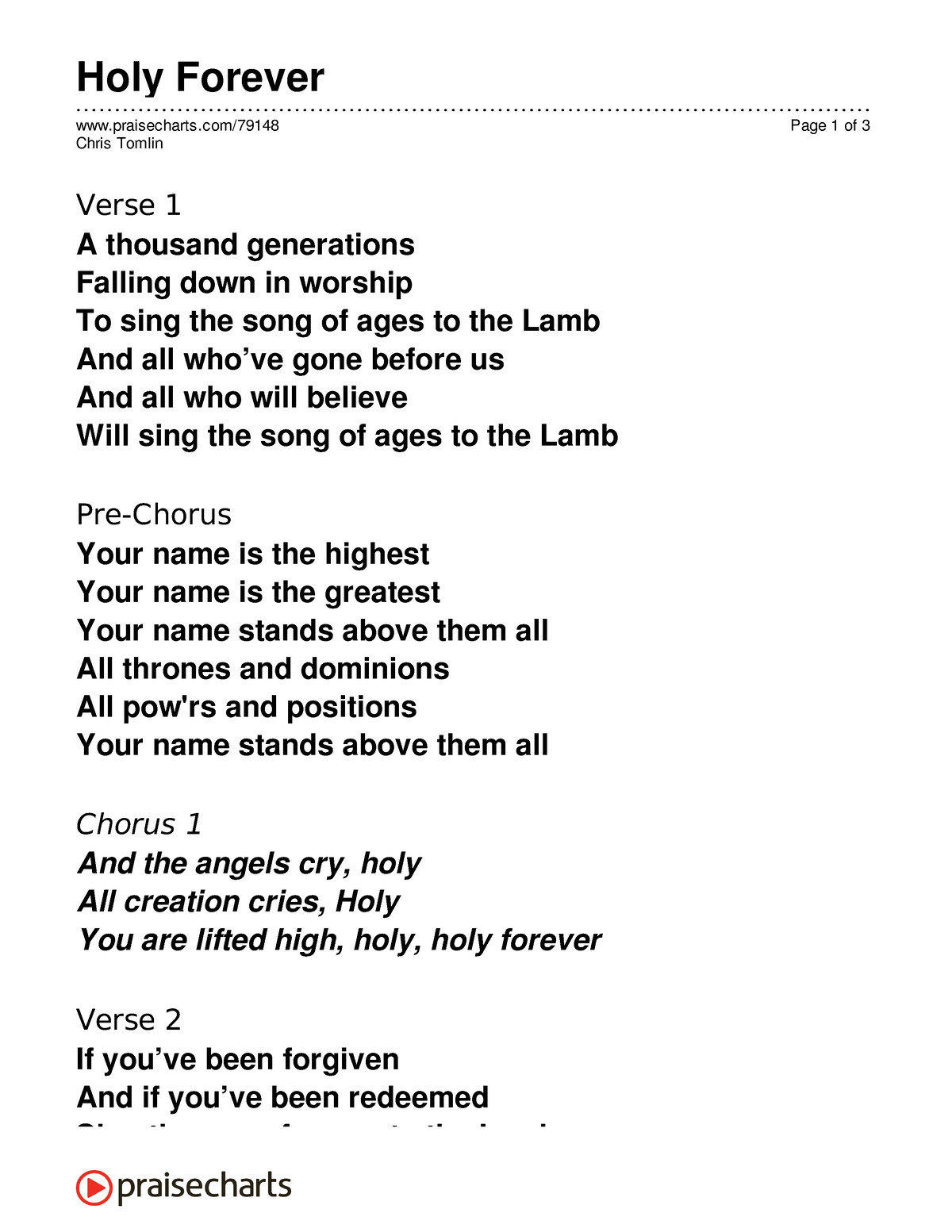 Holy Forever (Chris Tomlin) - Big Lyrics - A thousand generations ...