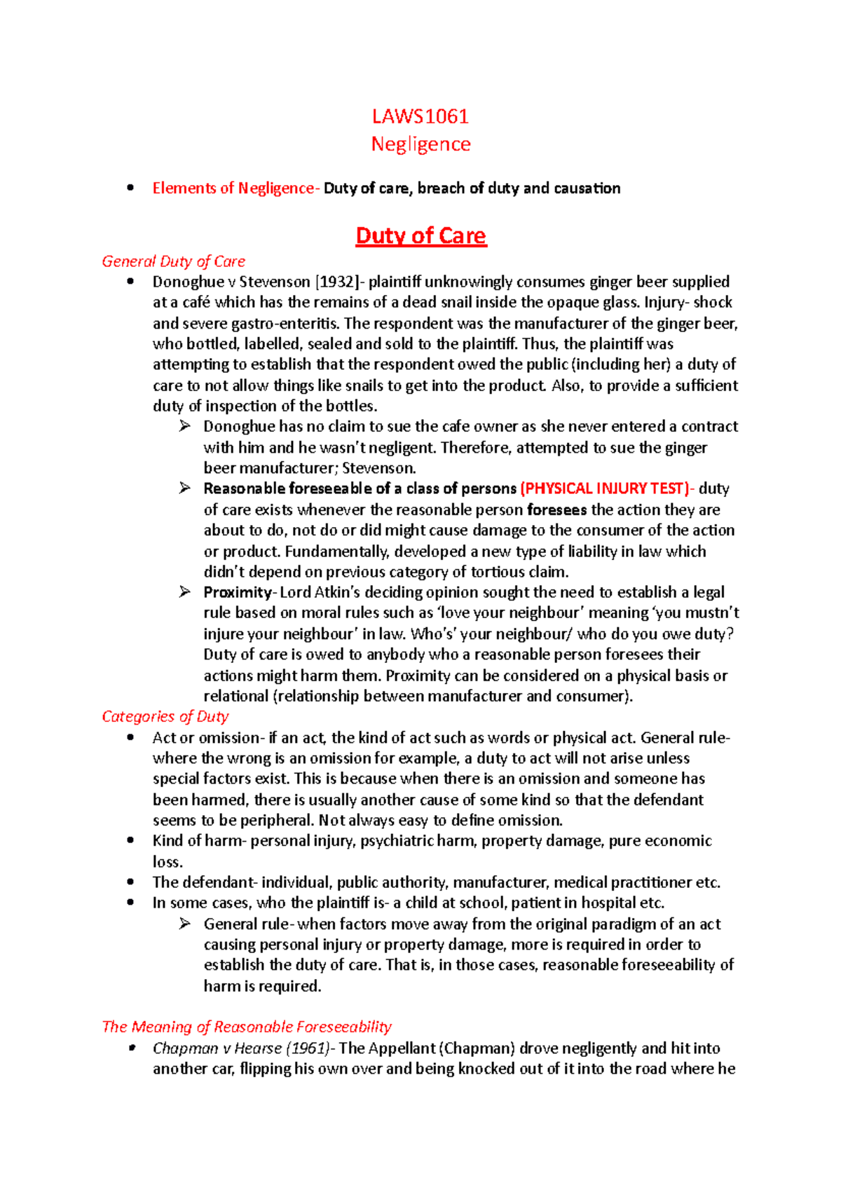 Duty of care - Lecture notes 3-7 - LAWS Negligence Elements of ...
