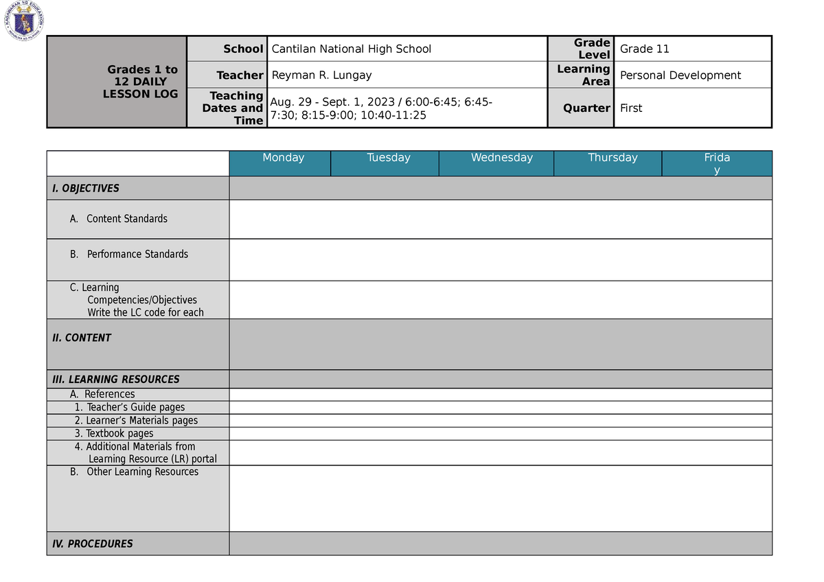 Dll q1 wk. 1 perdev - Lesson Plan - Grades 1 to 12 DAILY LESSON LOG ...