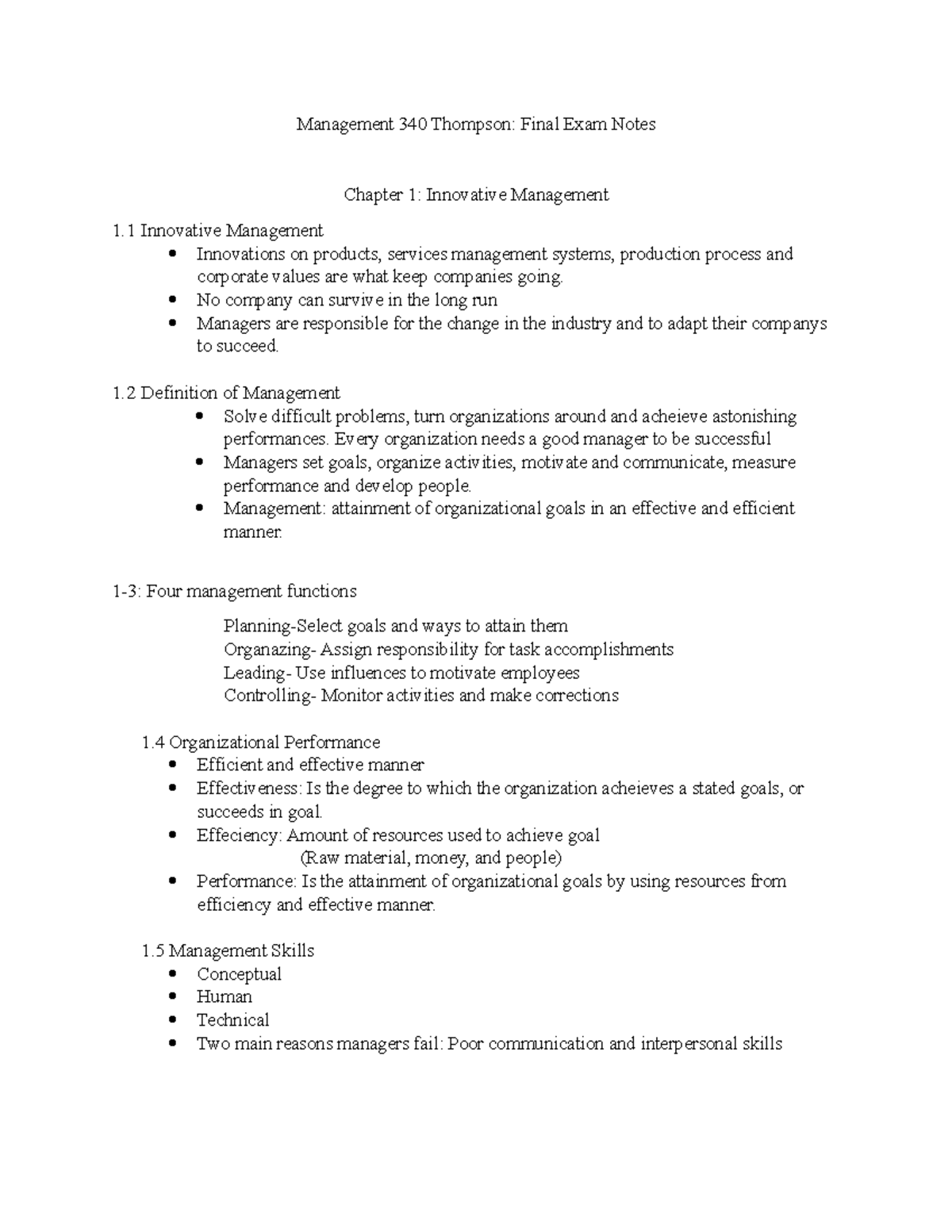 Final Exam Notes - Management 340 Thompson: Final Exam Notes Chapter 1 ...