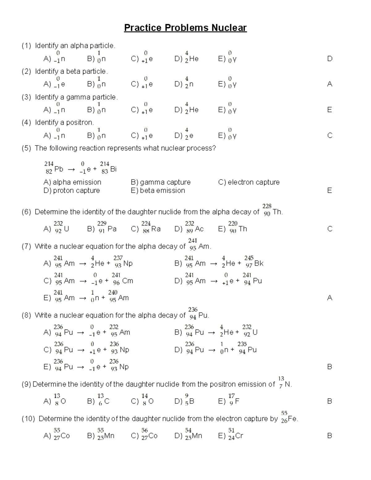 Practice Questions Nuclear - Practice Problems Nuclear (1) Identify An ...