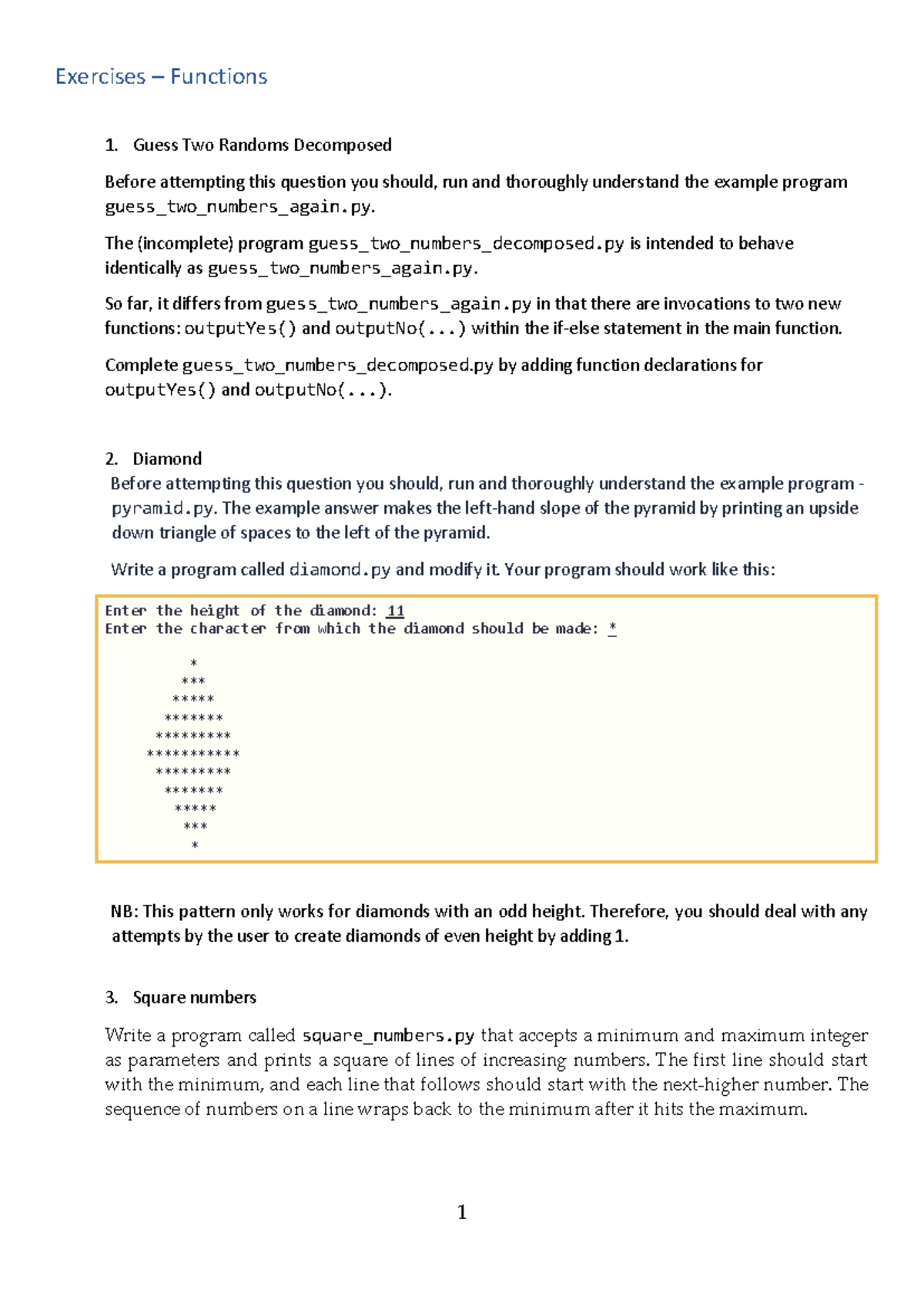 Exercises-Functions - practice - 1 Exercises – Functions 1. Guess Two ...