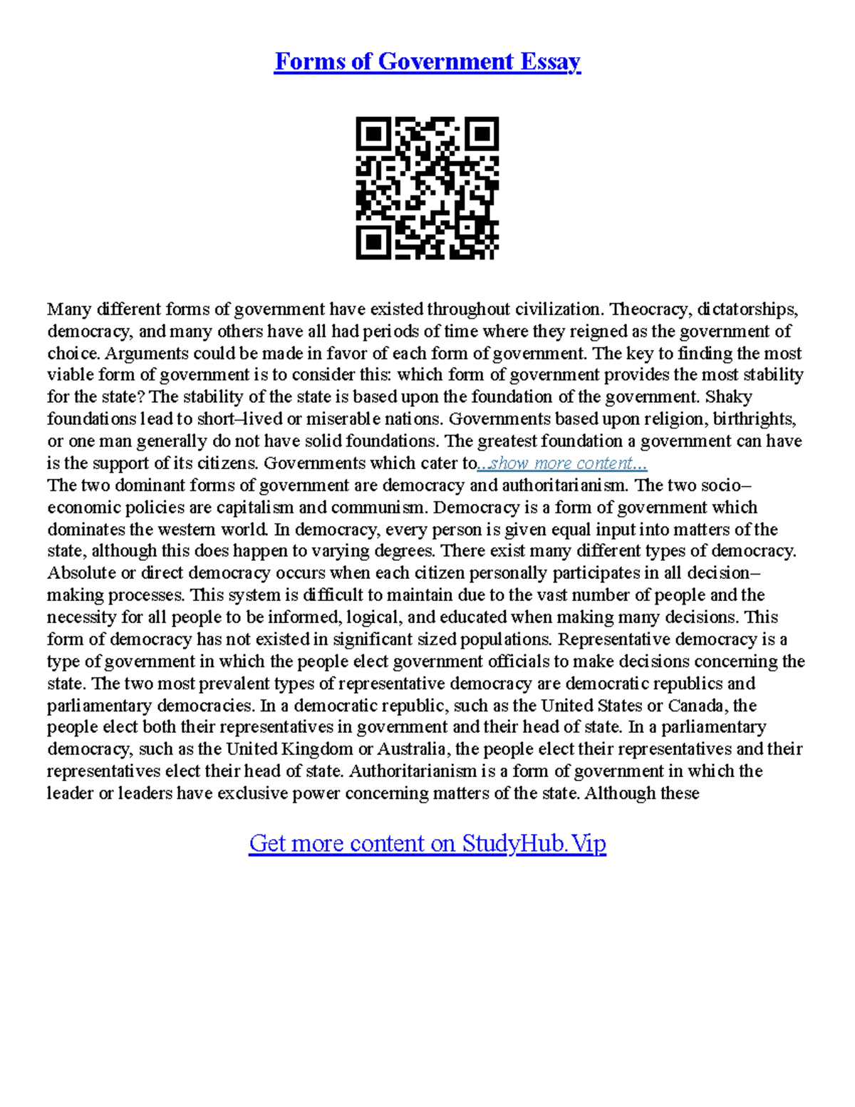 Different Forms Of Essays Forms of Government Essay Many different forms of government have