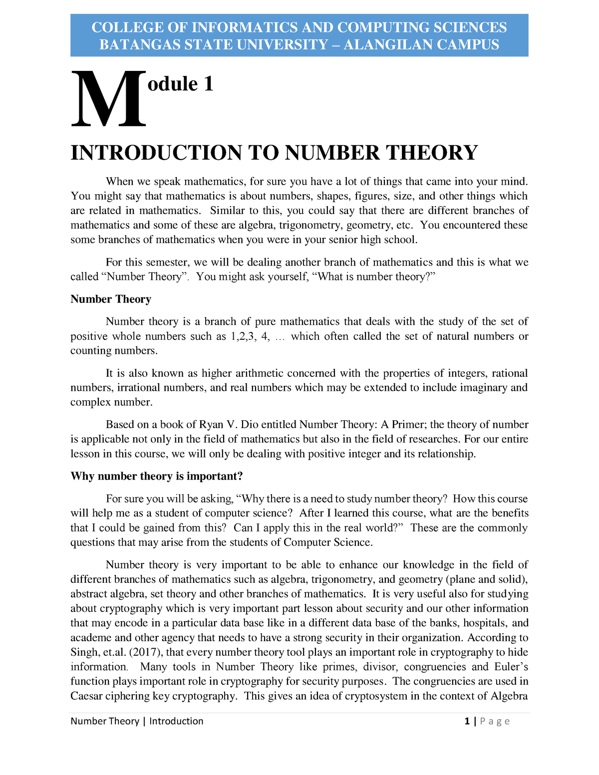 Module 1 Introduction To Number Theory - BATANGAS STATE UNIVERSITY ...