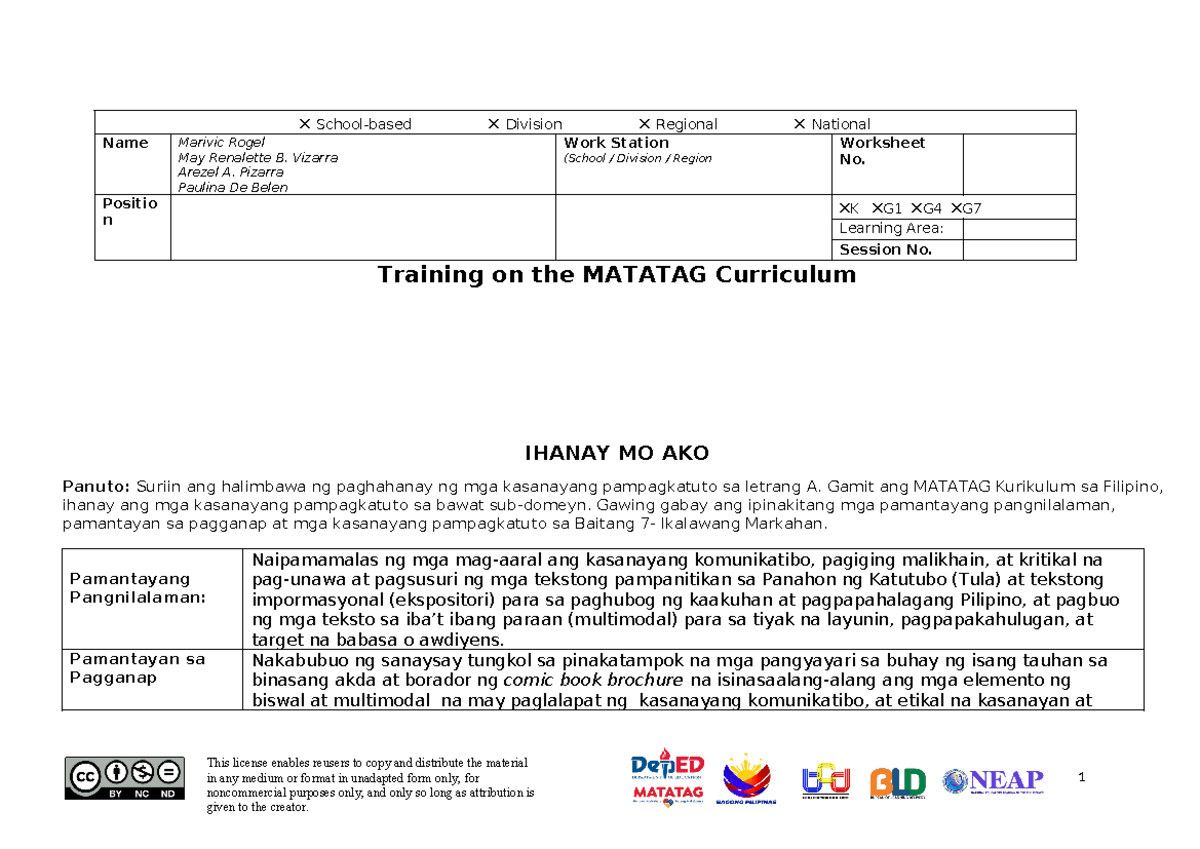 Filipino-7 Session-4 Q1-Worksheet Ihanay-Mo-Ako - This license enables ...