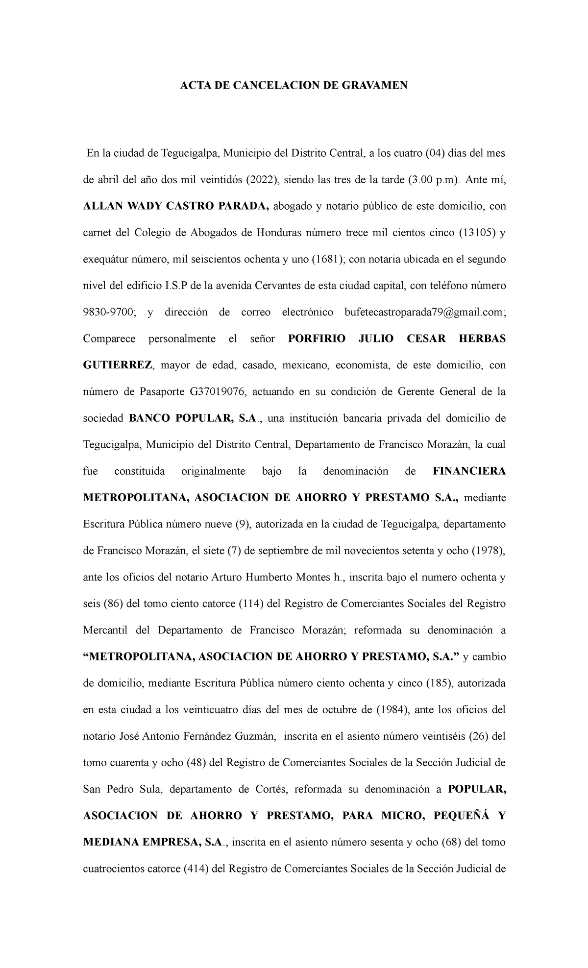 ACTA DE Liberacion DE Gravamen 1 Hipoteca Crosby Ochoa ACTA DE