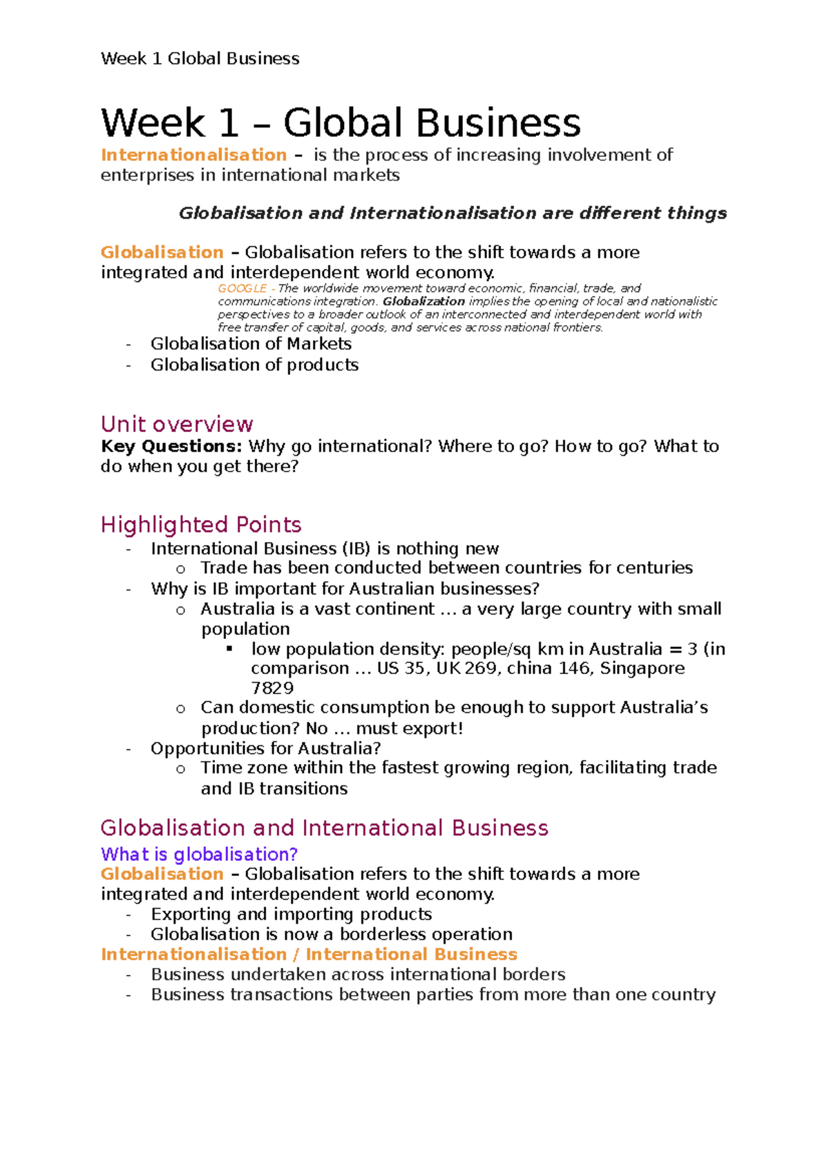 Week 1 Notes Sem1 2018 - Week 1 Global Business Week 1 – Global ...