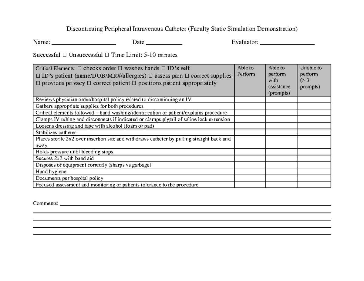 Rubric DCIV Check off - Discontinuing Peripheral Intravenous Catheter ...