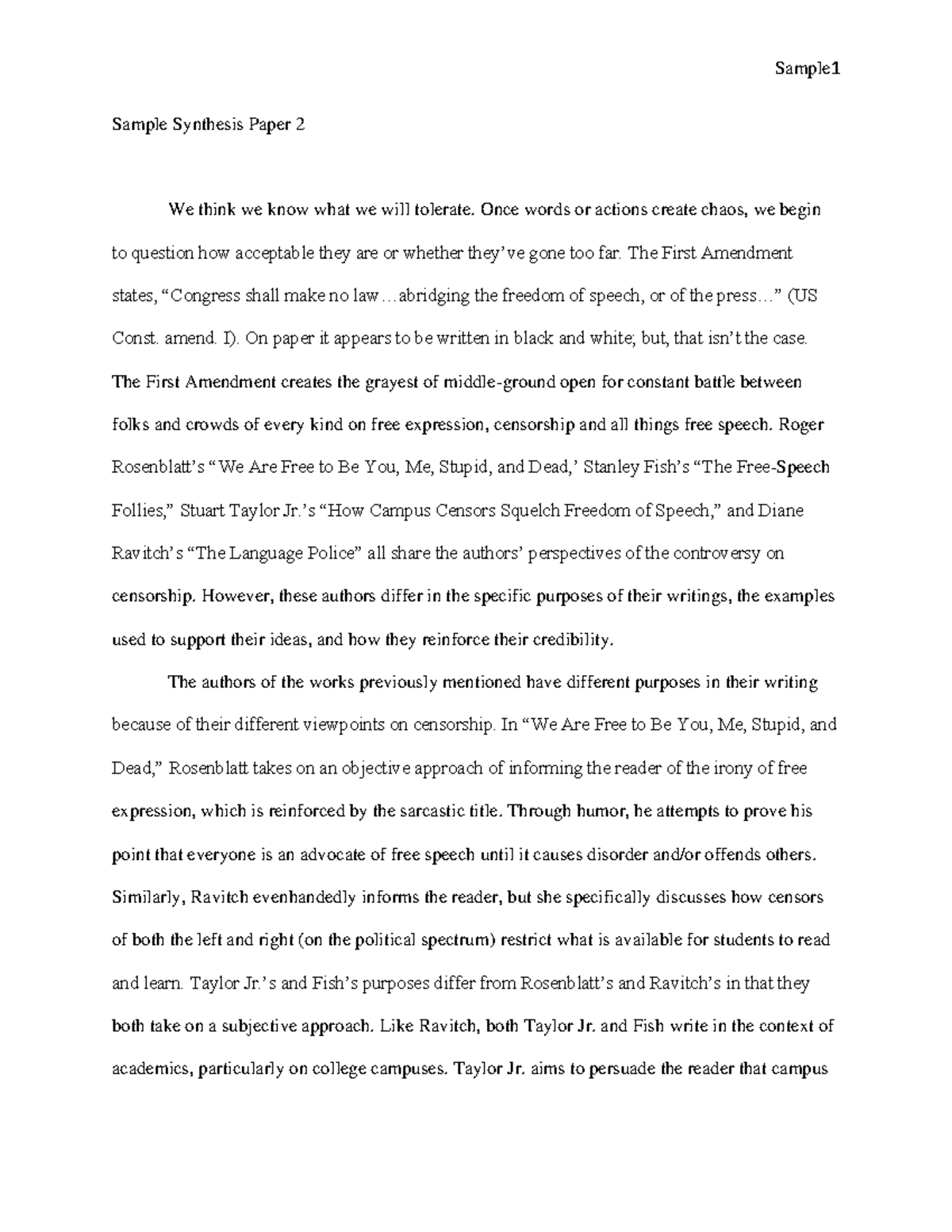 Student example synthesis paper 2 - Sample Synthesis Paper 2 We think ...