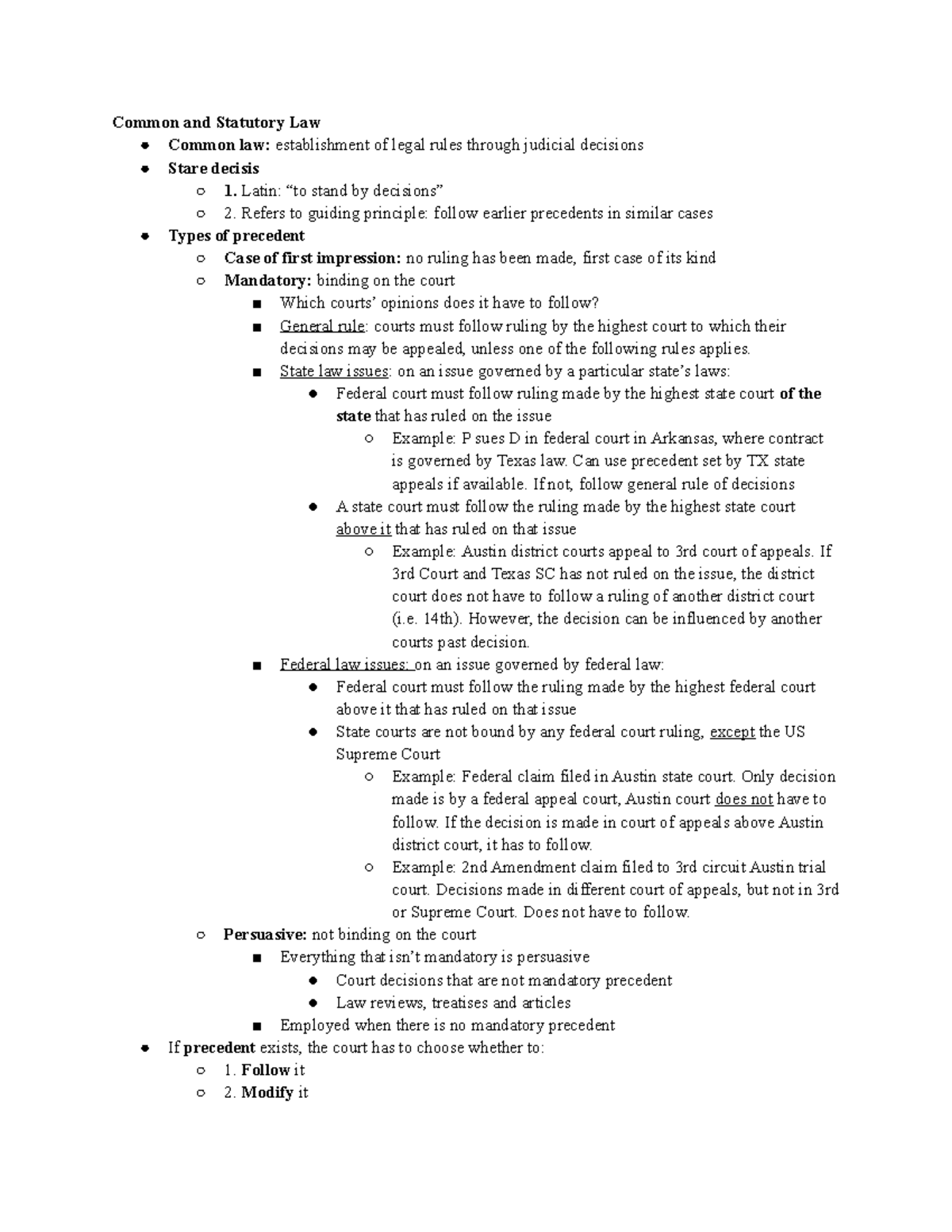 Outline Example Common And Statutory Law Common Law Establishment Of 