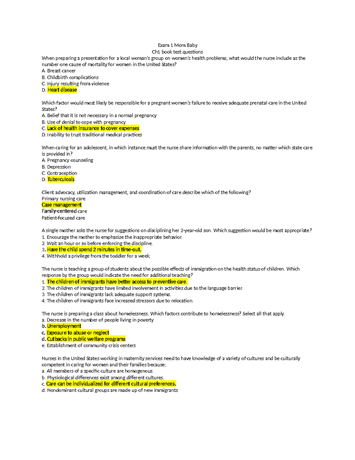 Exam 1 Mom Baby test questions for unit one exam Exam 1 Mom Baby