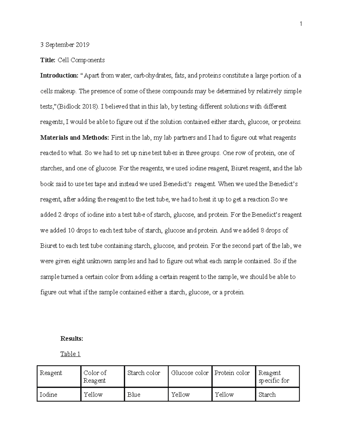 Bio lab report - 1 3 September 2019 Title: Cell Components Introduction ...