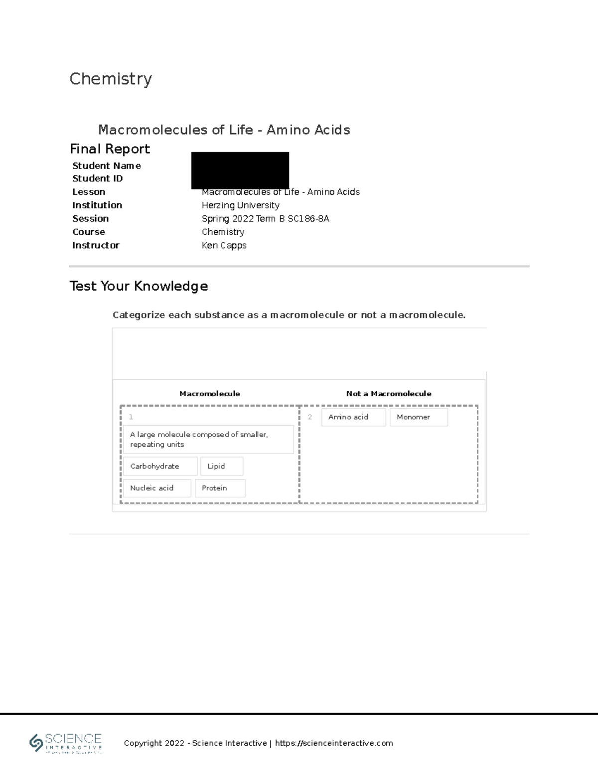 Chemistry Macromoleculesof Life Amino Acids 217618 Student Name