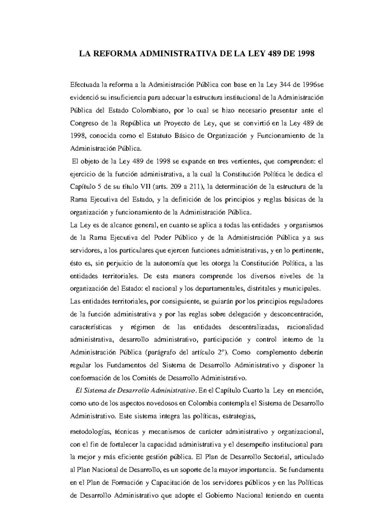 LA Reforma Administrativa DE LA LEY 489 DE 1998 - LA REFORMA ...