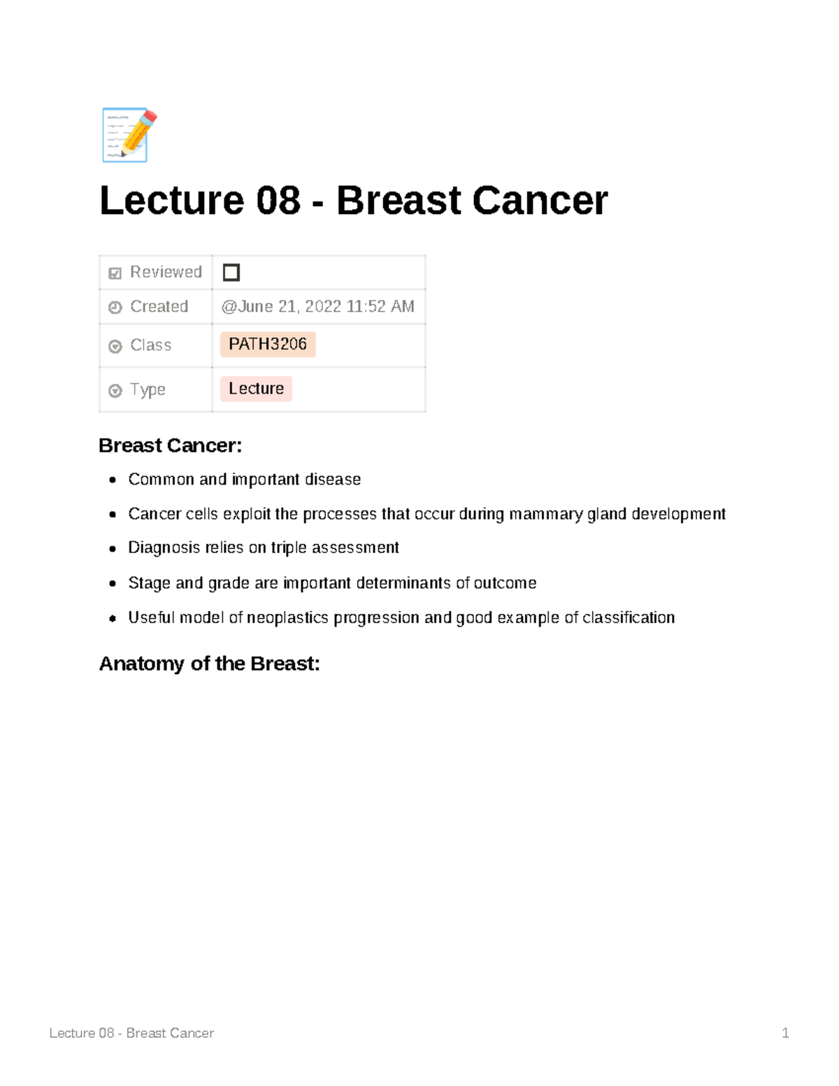 Lecture 8 - Breast Cancer - Ë Lecture 08 - Breast Cancer Reviewed ...