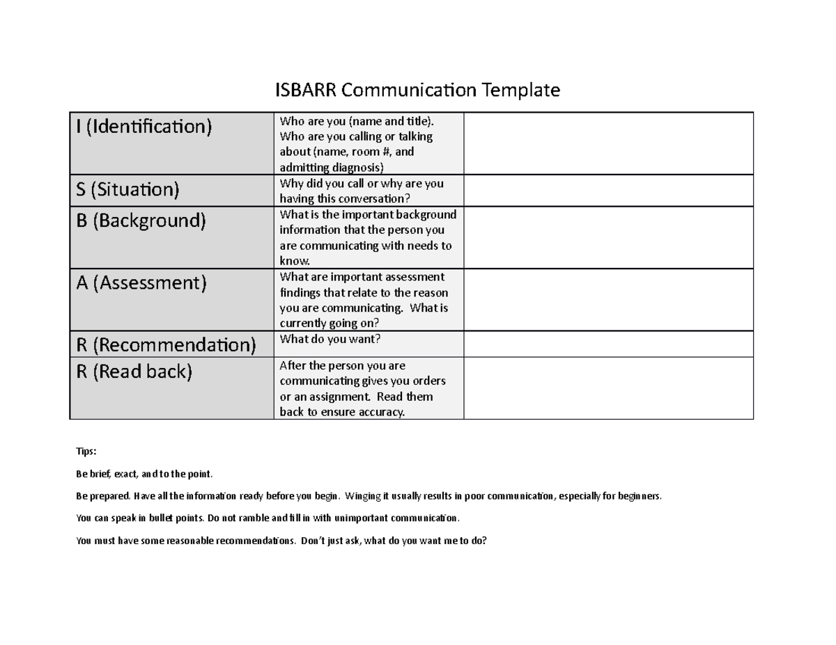 Isbarr for NURS 105-1 - DOC - ISBARR Communication Template I ...