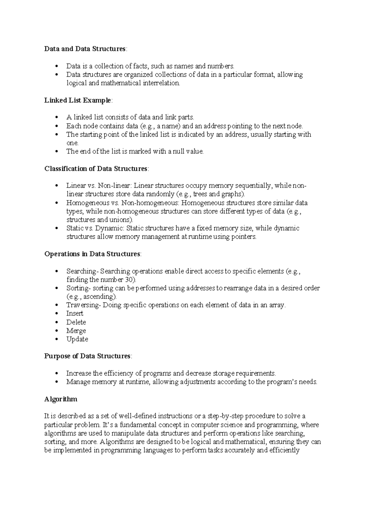 Data notes Data and Data Structures Data is a collection of facts
