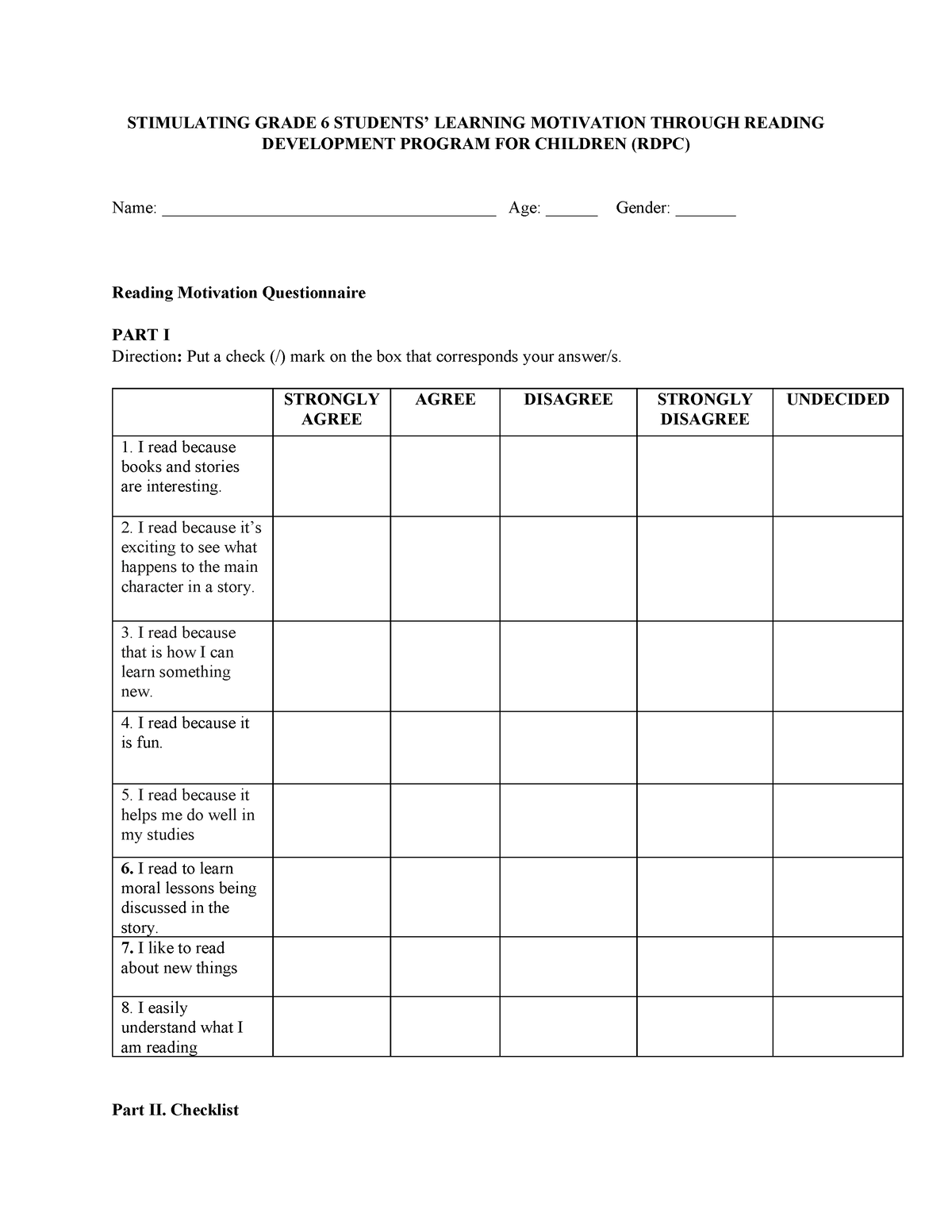 Survey questionnaire action research 1234 - STIMULATING GRADE 6 ...