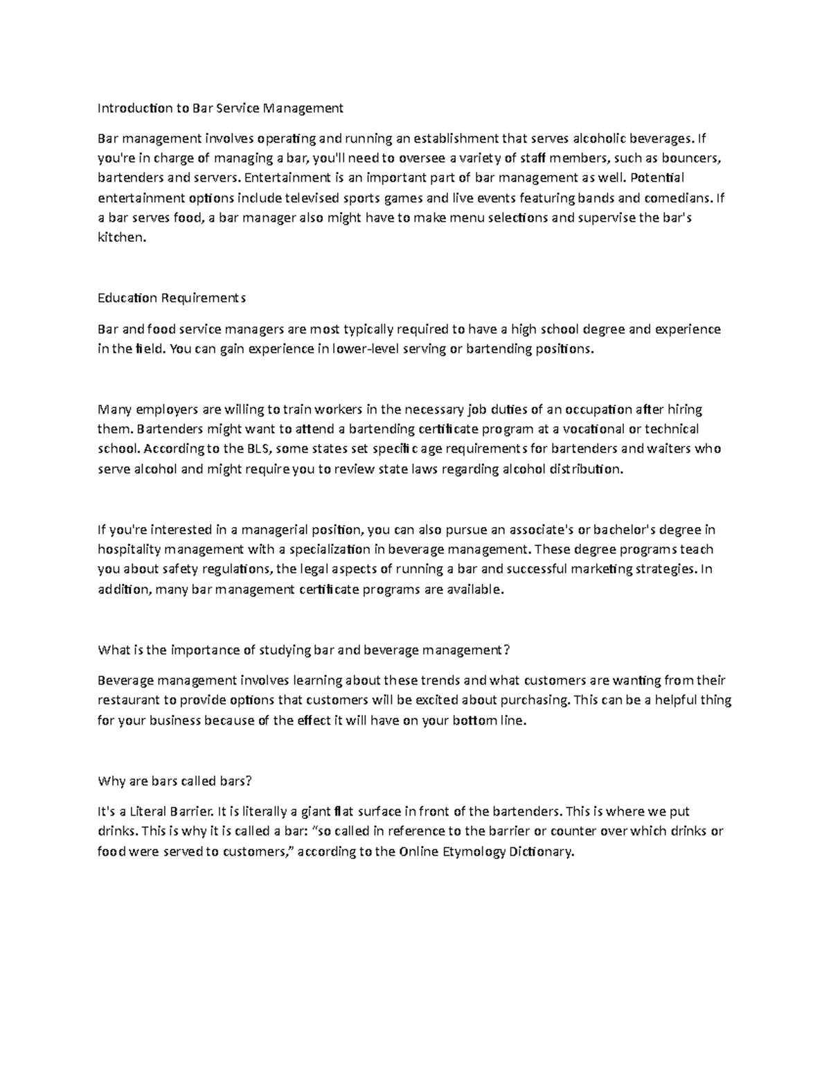 Introduction to Bar Service Management If you're in charge of