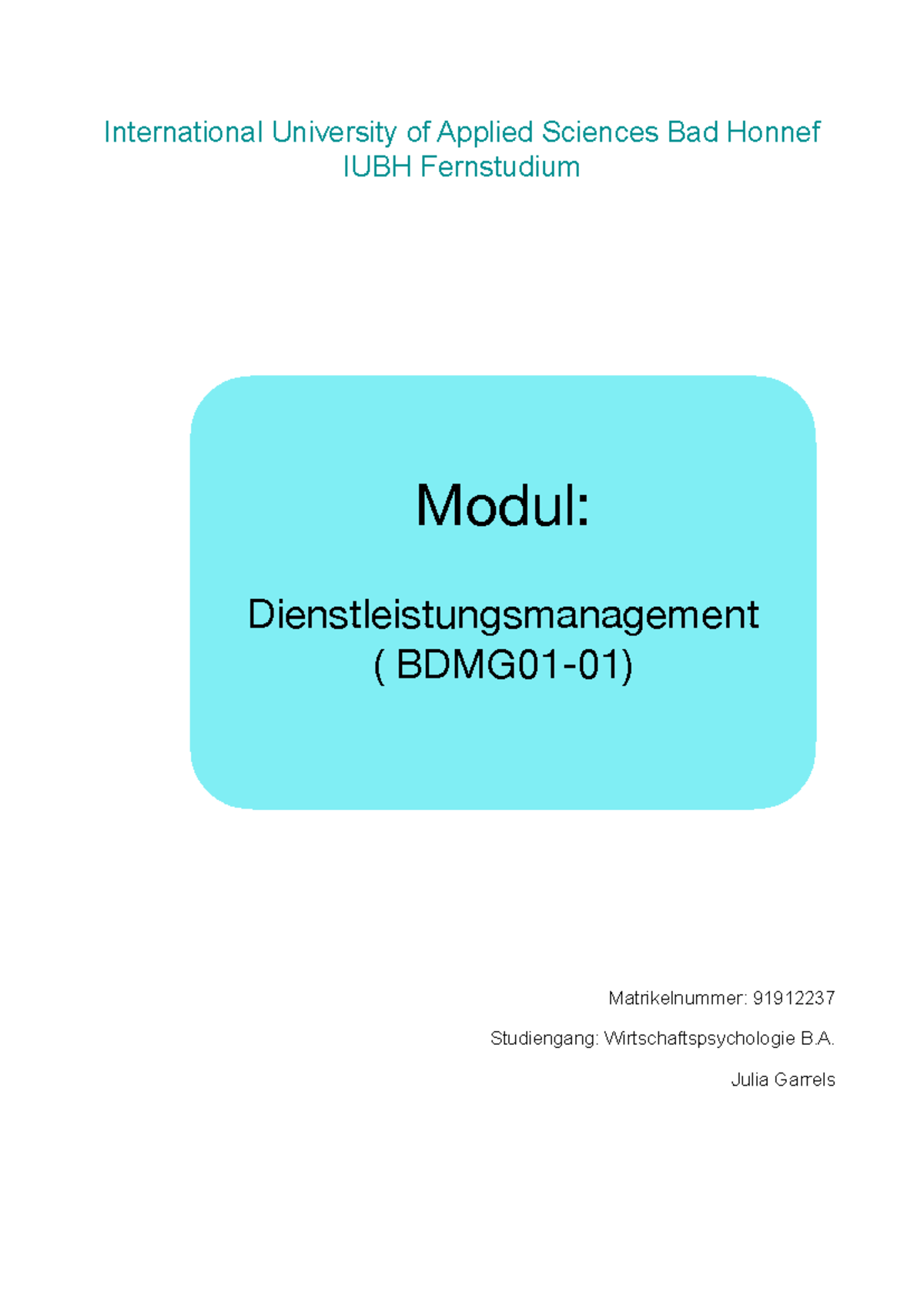 Workbook DLManagement International University of Applied Sciences Bad Honnef IUBH
