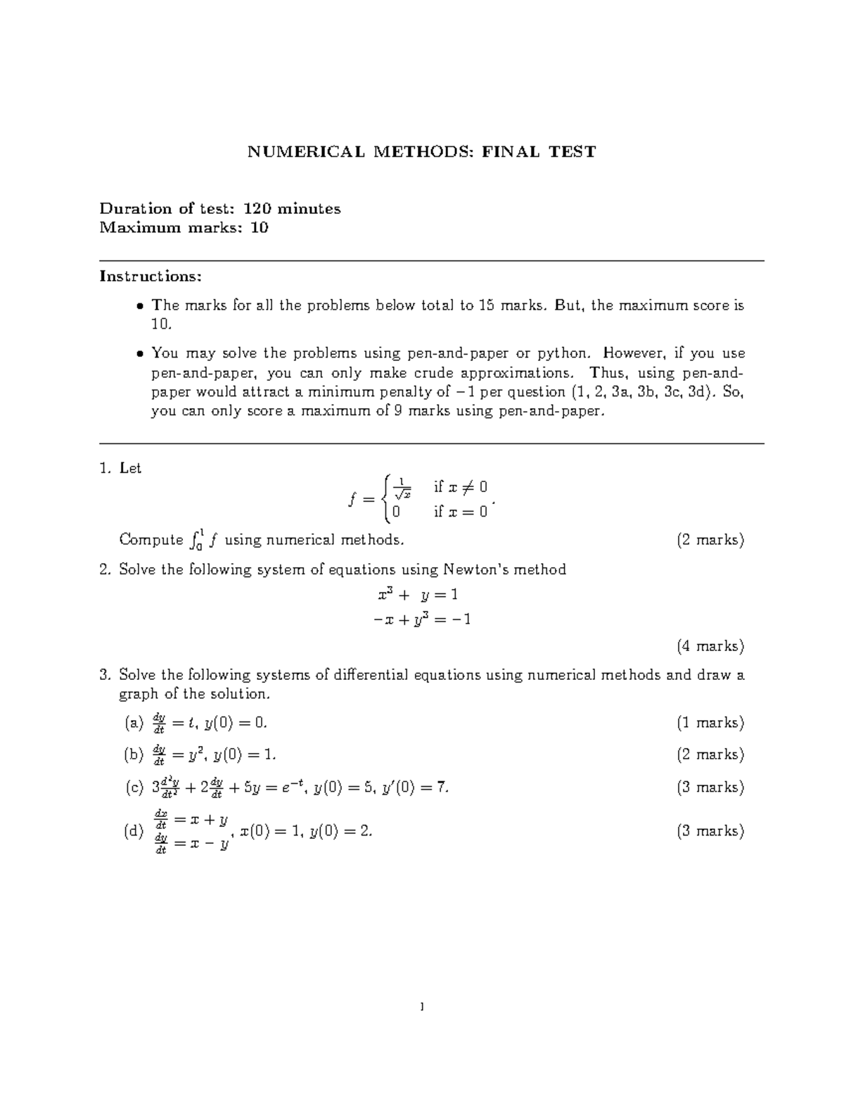 Numerical methods Final test NUMERICAL METHODS FINAL TEST Duration