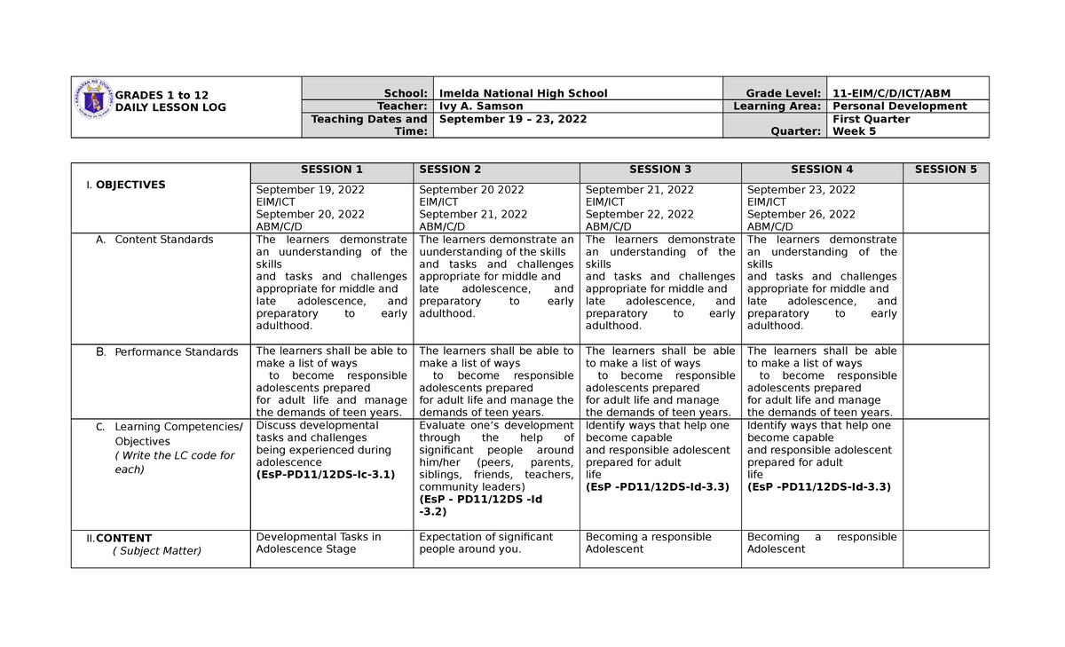 DLL- Perdev Q1 W5 Samson New - GRADES 1 To 12 DAILY LESSON LOG School ...