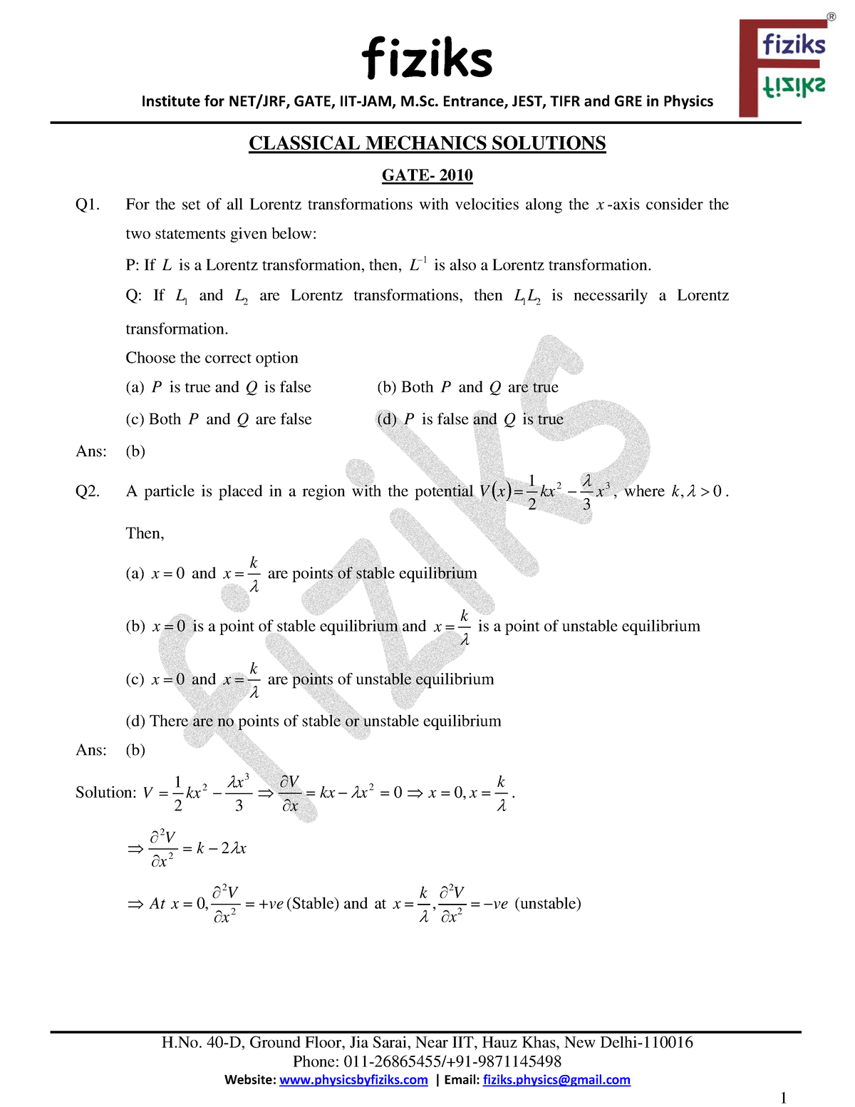 2.Classical Mechanics GATE - Institute for NET/JRF, GATE, IIT‐JAM, M ...