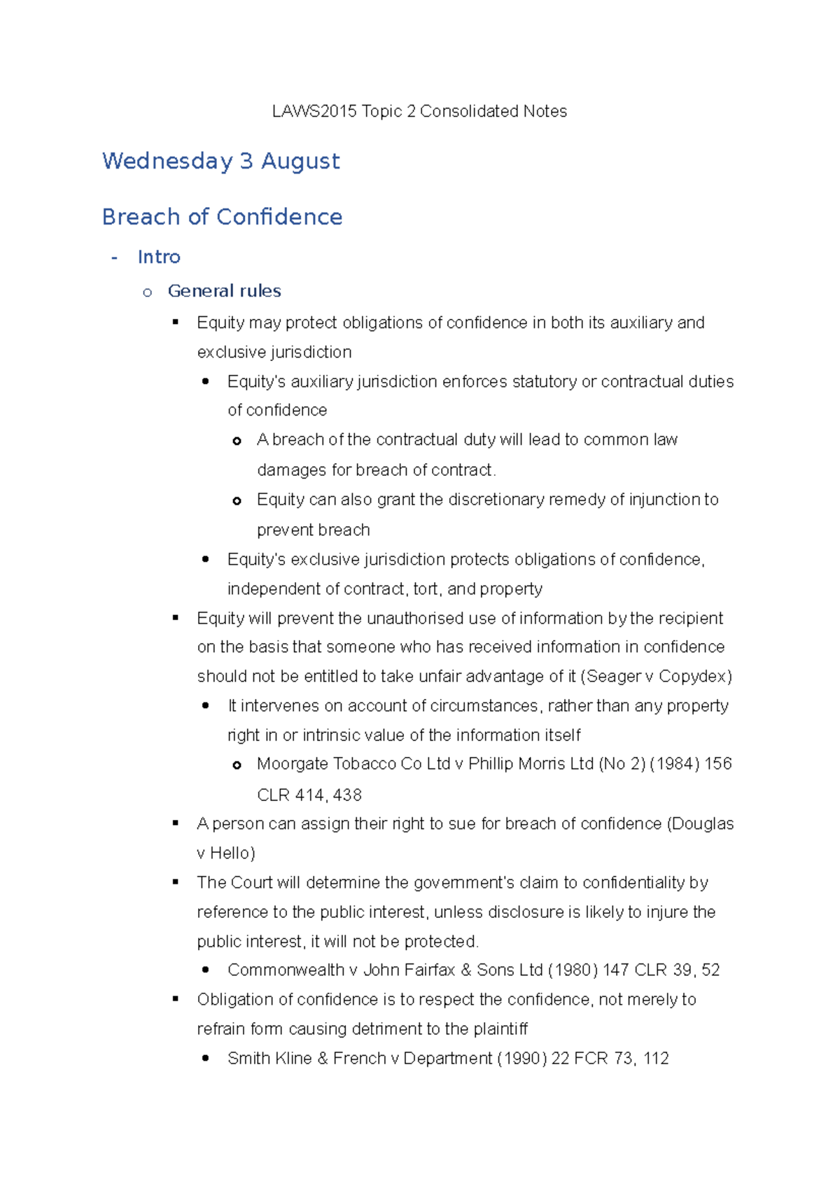LAWS2015 Topic 2 Consolidated Notes o Equity can also grant the