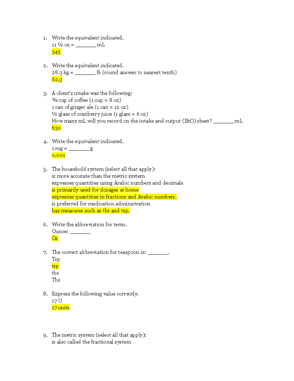 Module 1 Systems of Measurement Post-Test (Ch. 6-8) - Write the ...