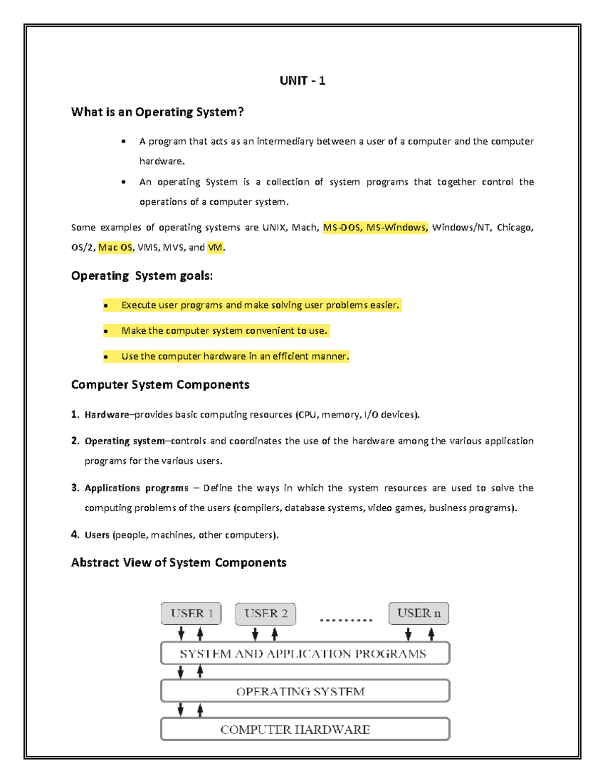 OS Notes UNIT -1 - UNIT - 1 What is an Operating System? A program that ...