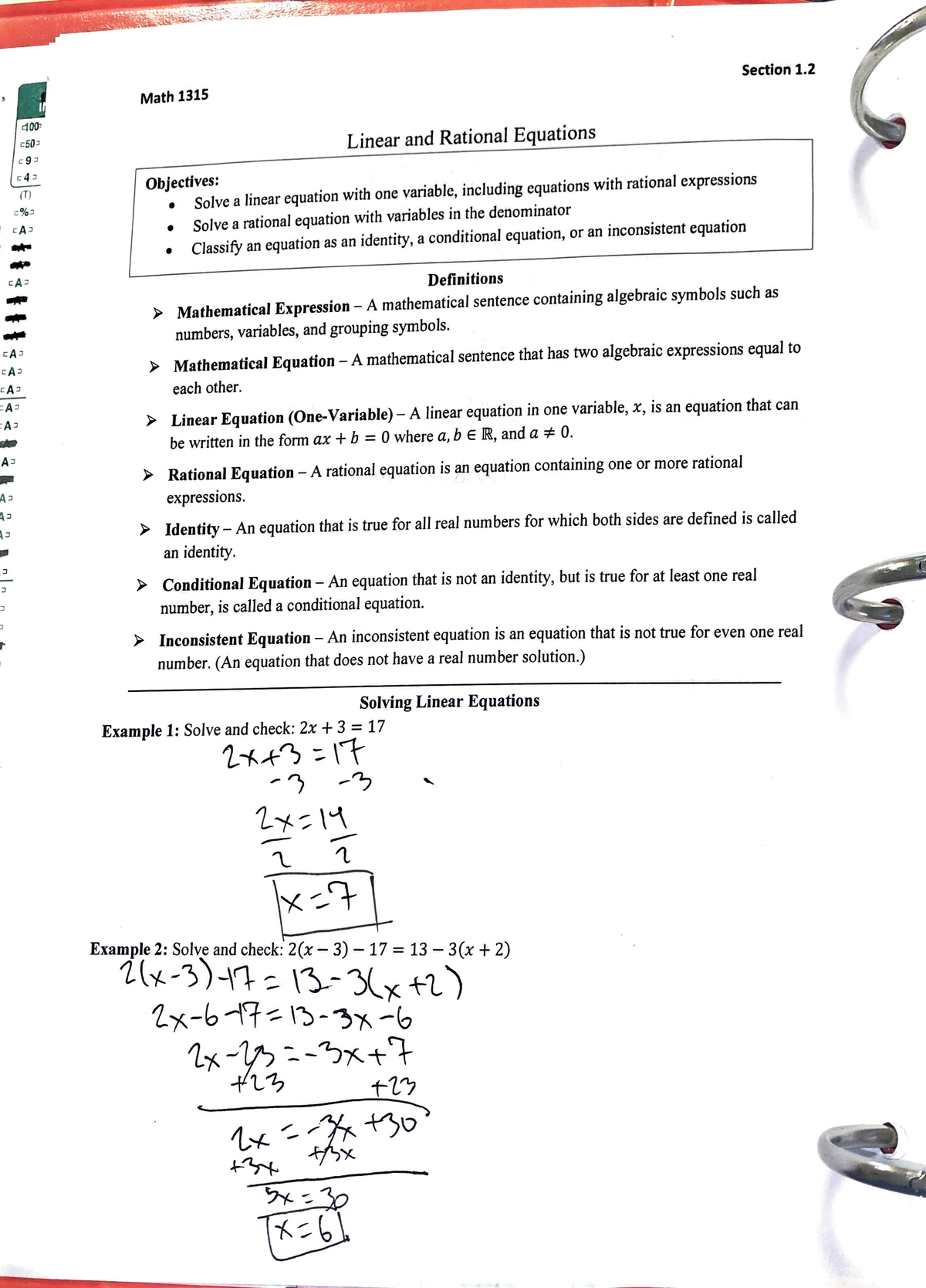 Math 1315 1.2 Notes - College Algebra Linear And Rational Equations ...