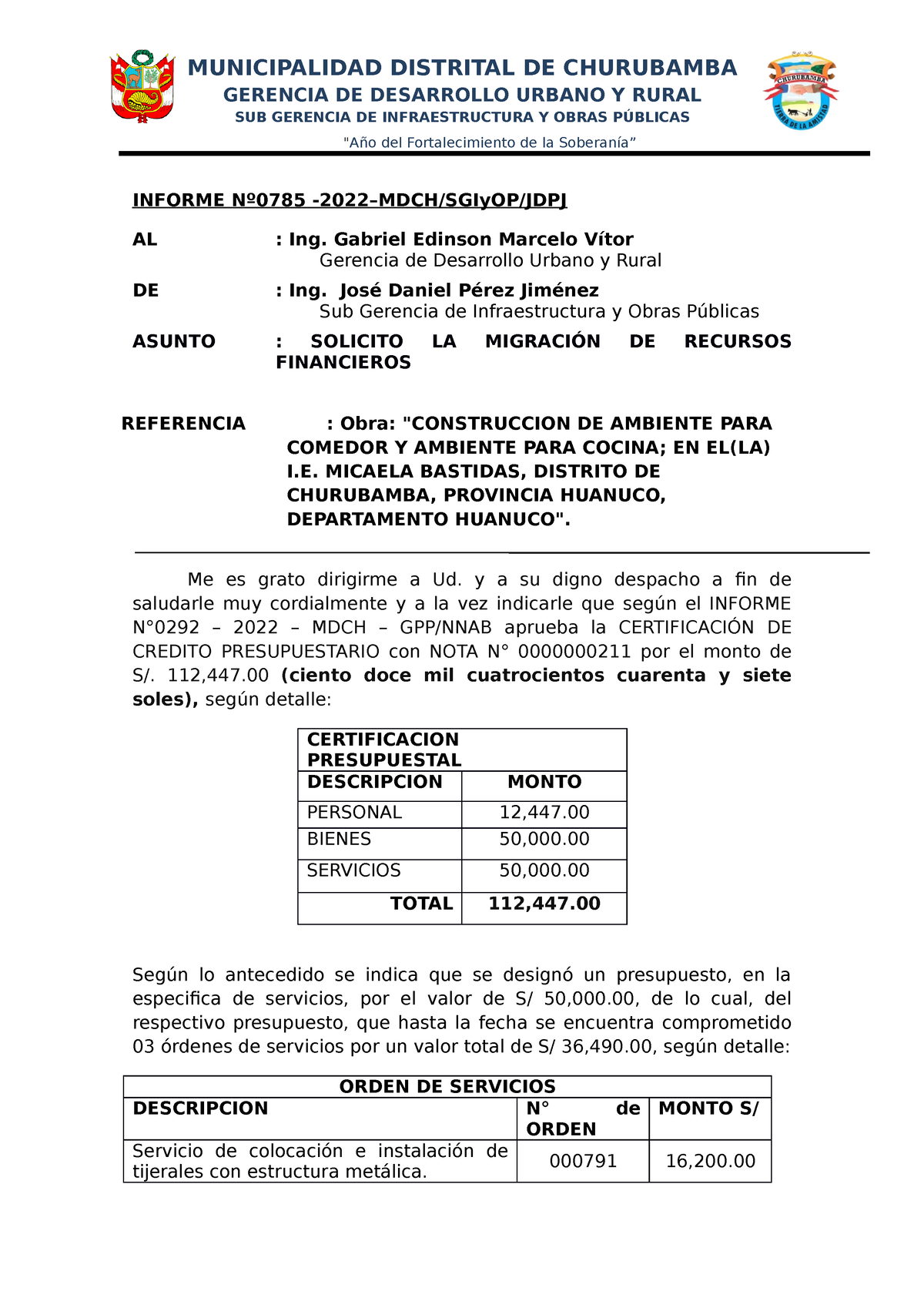 Informe De Cambio Presupuestal - MUNICIPALIDAD DISTRITAL DE CHURUBAMBA ...