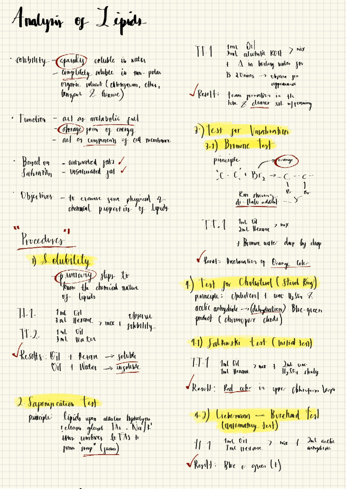 Lab Notes - Nucleic & Lipids - Analysis of lipids 1ml Oil 3ml alcoholic ...