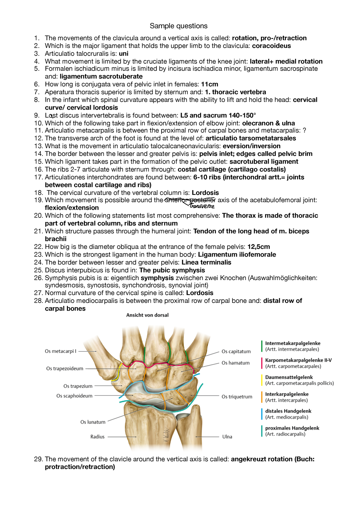 Sample questions ligaments - Sample questions The movements of the ...